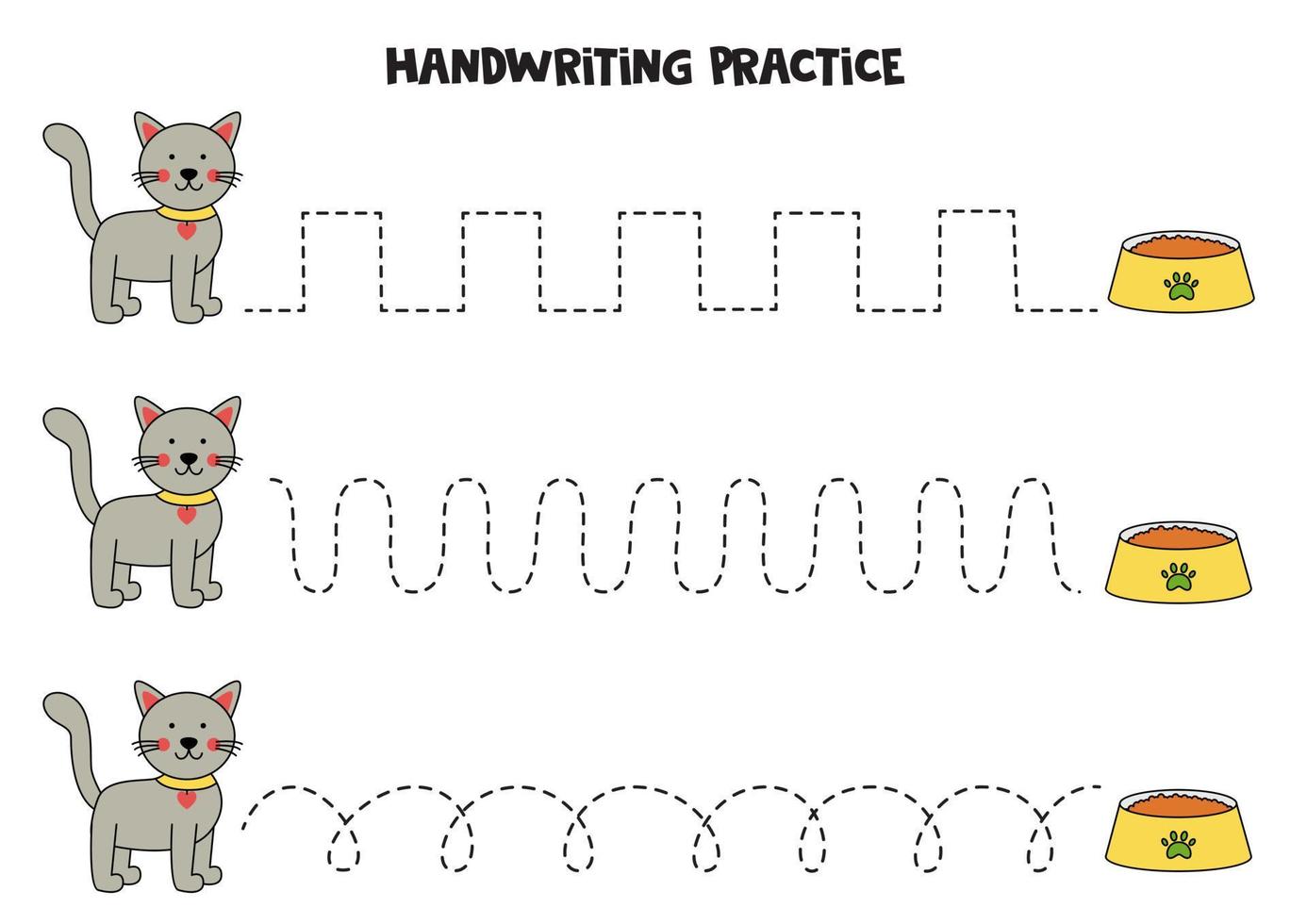 Tracing lines for kids. Cute cat. Writing practice. vector