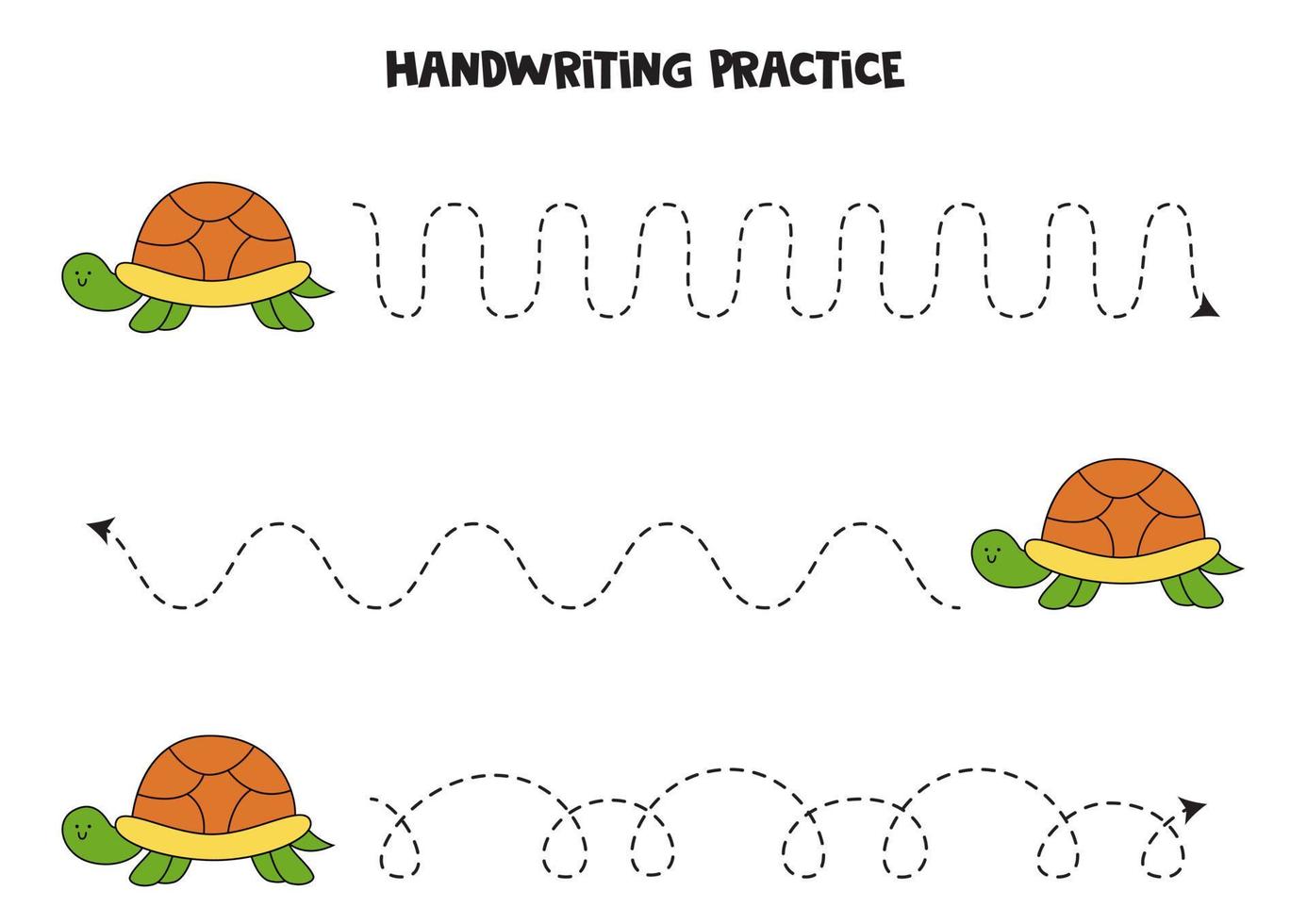 Tracing lines for kids. Cute turtle. Writing practice. vector