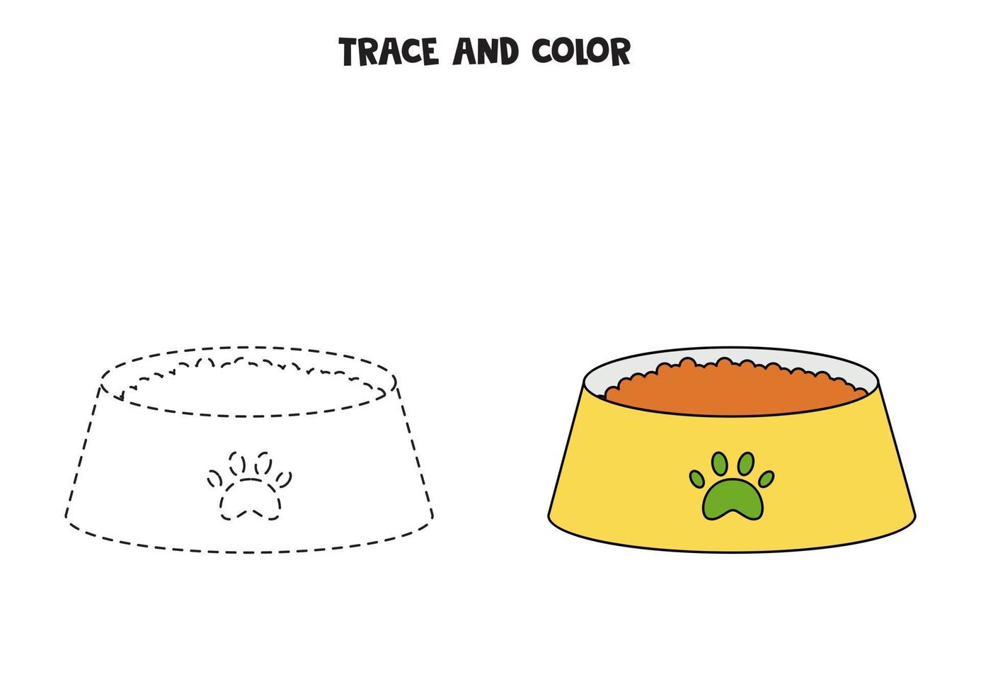 Trace and color cute hand drawn cat bowl. Worksheet for children. vector