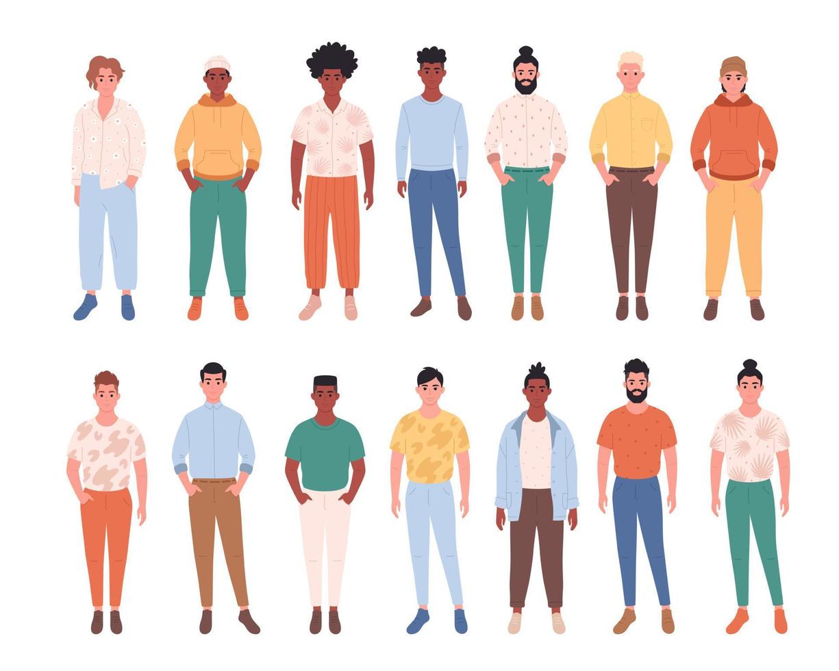 Men of different races, body types, hairstyles. Social diversity of people in modern society. Fashionable casual outfit vector