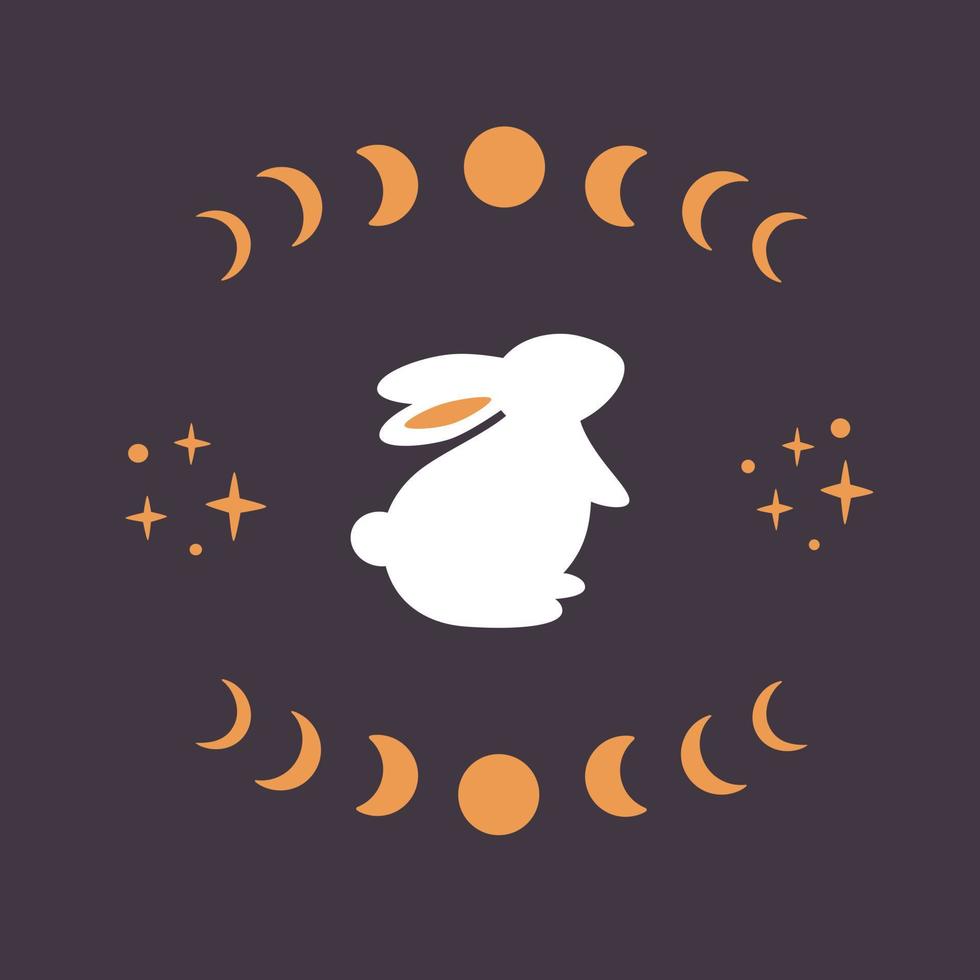 Cute white rabbit with astrological, esoteric elements. Moon phases, stars, magic. Year of the Rabbit vector