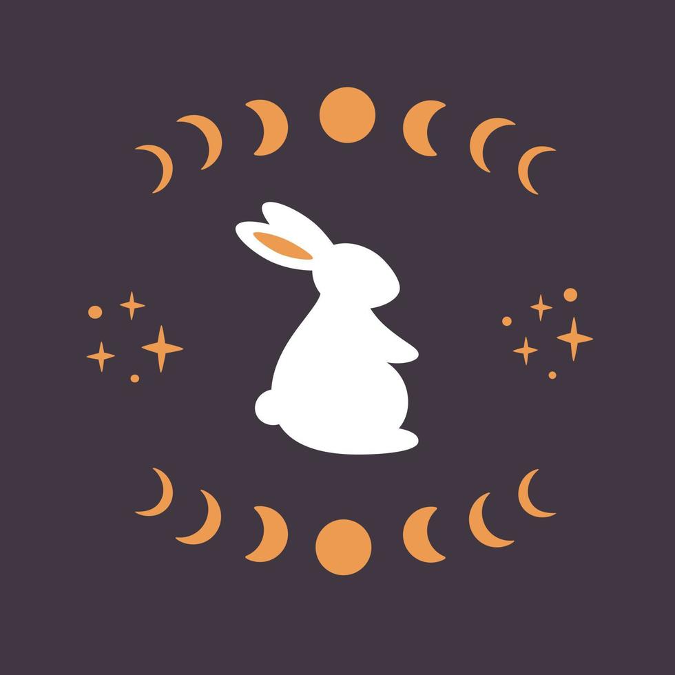 lindo conejo blanco con elementos astrológicos y esotéricos. fases de la luna, estrellas, magia. año del conejo vector