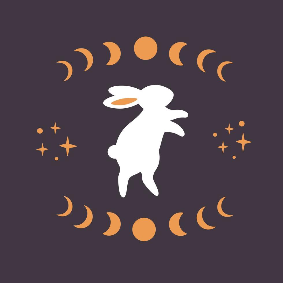 lindo conejo blanco con elementos astrológicos y esotéricos. fases de la luna, estrellas, magia. año del conejo vector