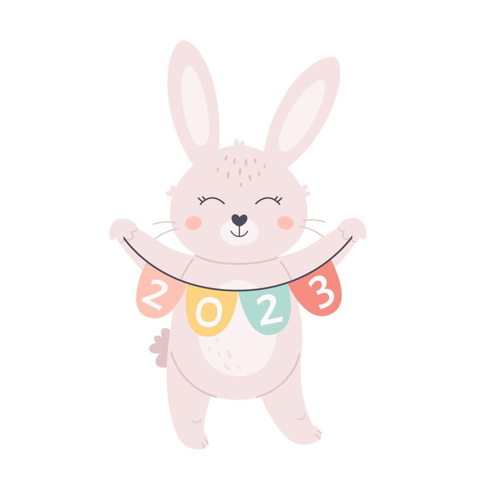 Cute white bunny wishes a Happy New Year 2023. Year of the Rabbit. Winter holidays vector