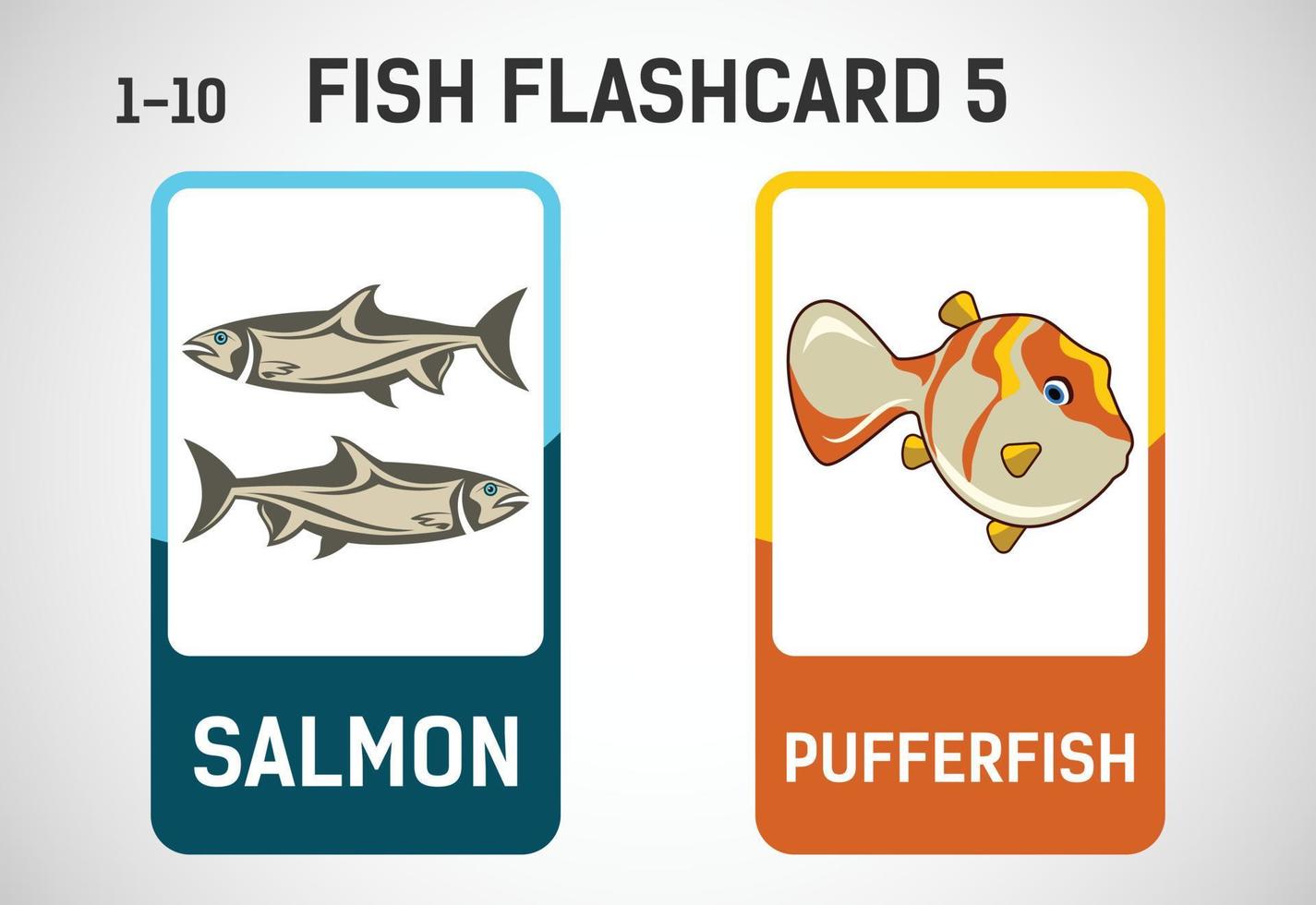 Fish flashcards for kids. Educational cards for preschool. Printable vector illustration