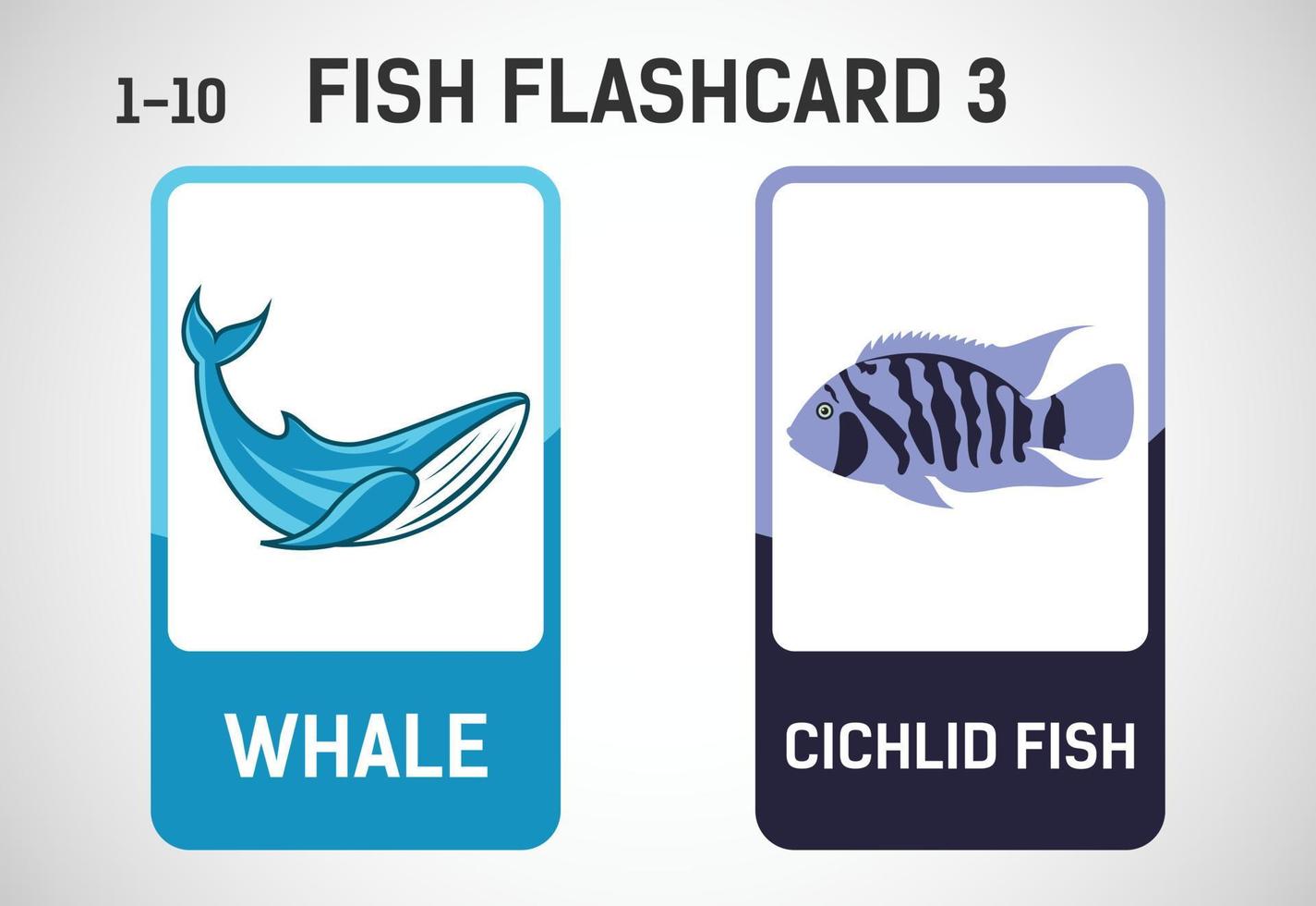 Fish flashcards for kids. Educational cards for preschool. Printable vector illustration
