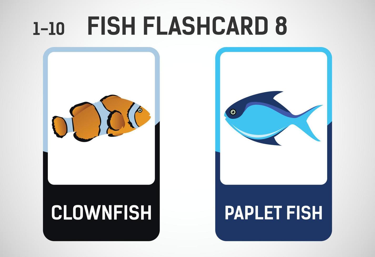Fish flashcards for kids. Educational cards for preschool. Printable vector illustration