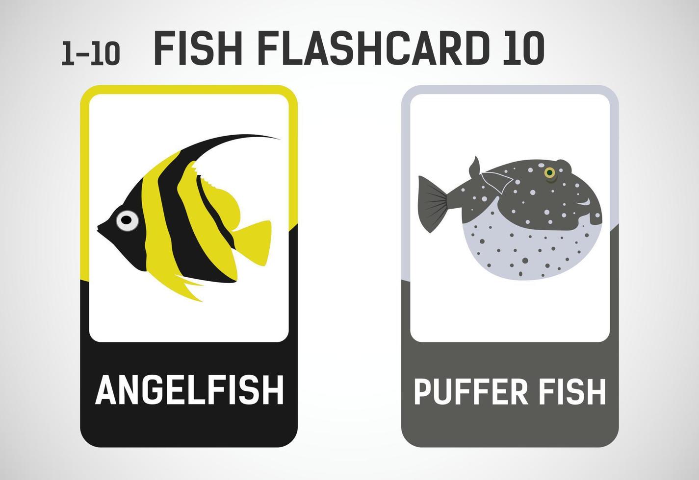 Fish flashcards for kids. Educational cards for preschool. Printable vector illustration