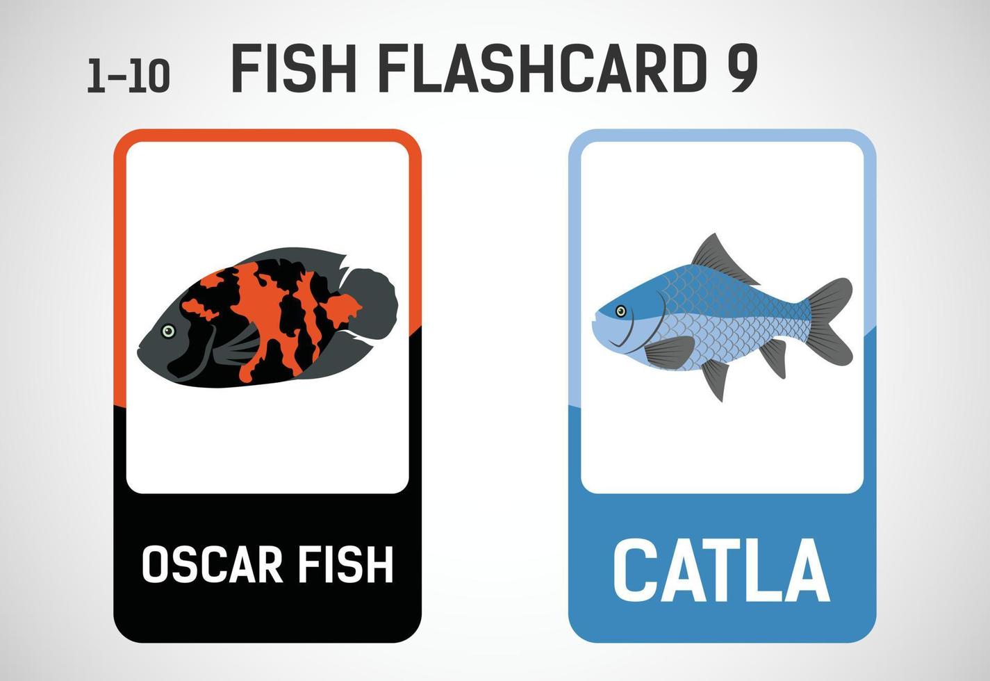 Fish flashcards for kids. Educational cards for preschool. Printable vector illustration
