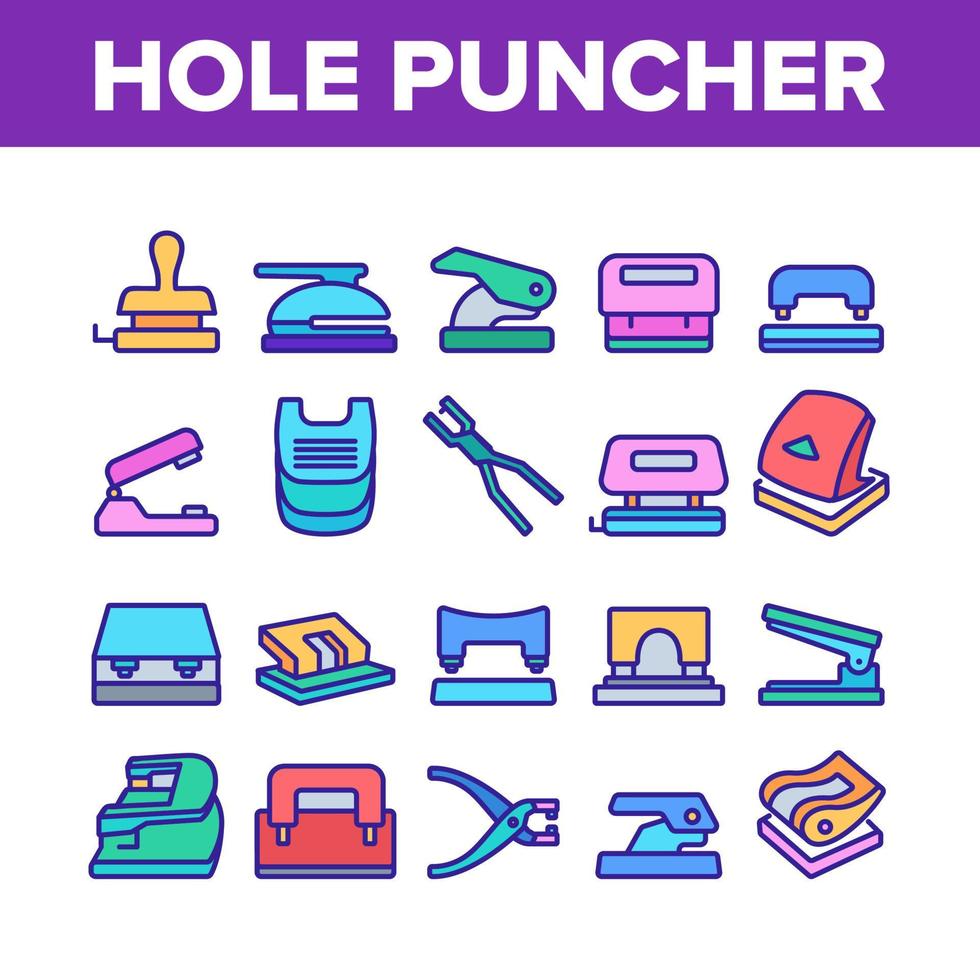 Hole Puncher Tool Collection Icons Set Vector