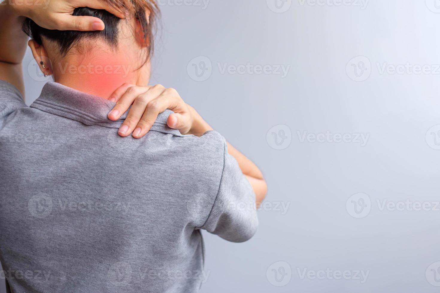 woman with her neck sprain, muscle painful during overwork. Girl having