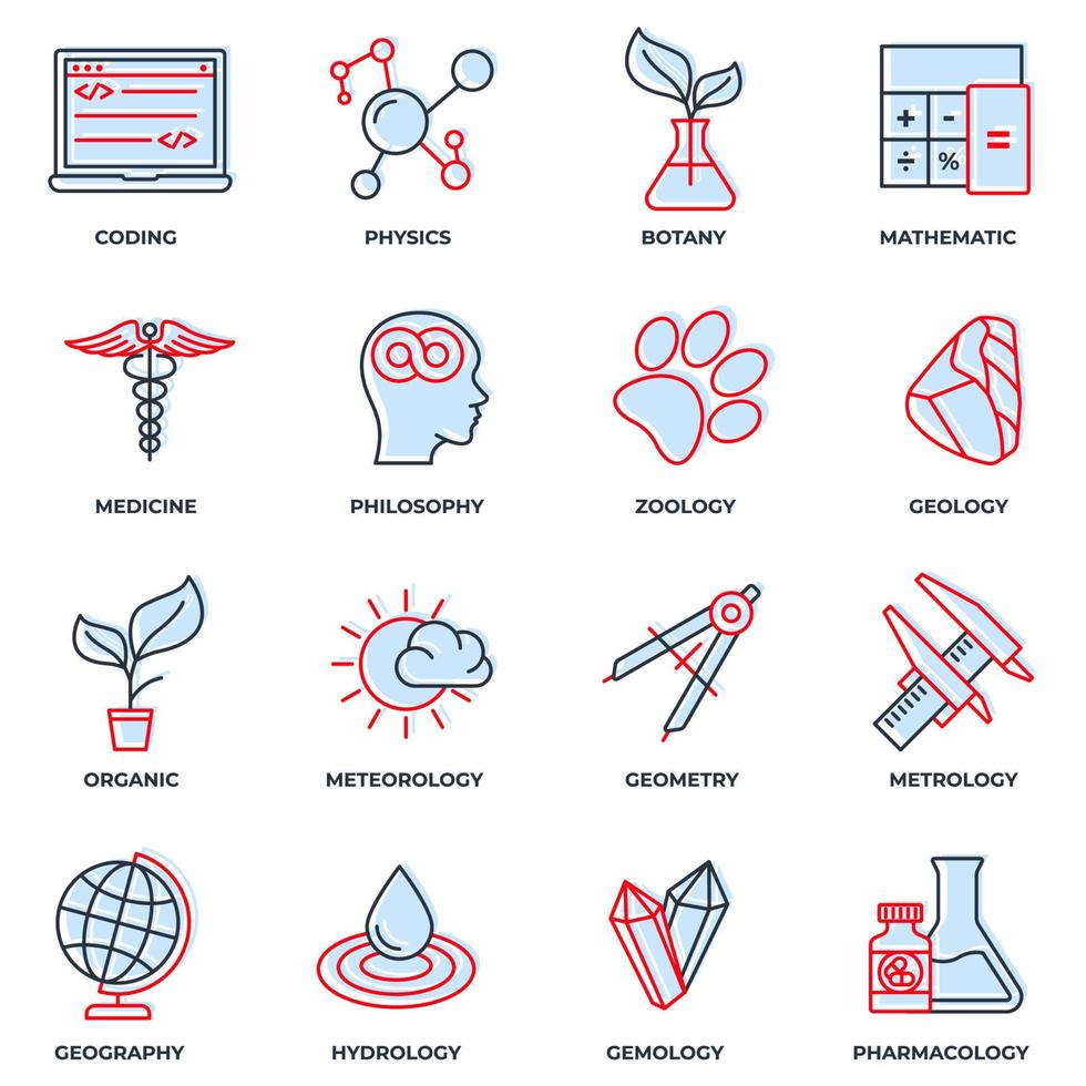 Set of Science icon logo vector illustration. meteorology, medicine, geometry, gemology, botany, zoology, philosophy and more pack symbol template for graphic and web design collection