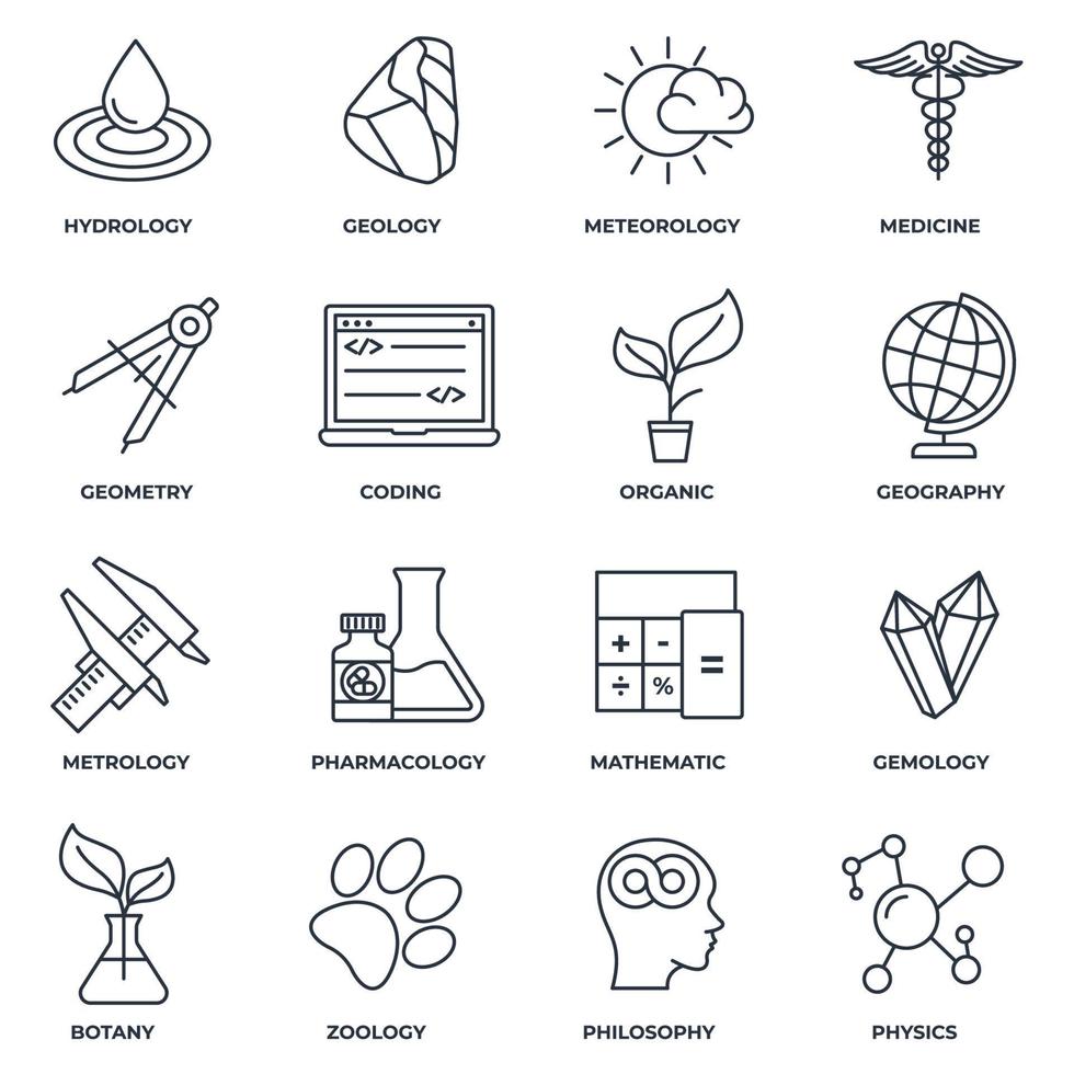 Set of Science icon logo vector illustration. meteorology, medicine, geometry, gemology, botany, zoology, philosophy and more pack symbol template for graphic and web design collection