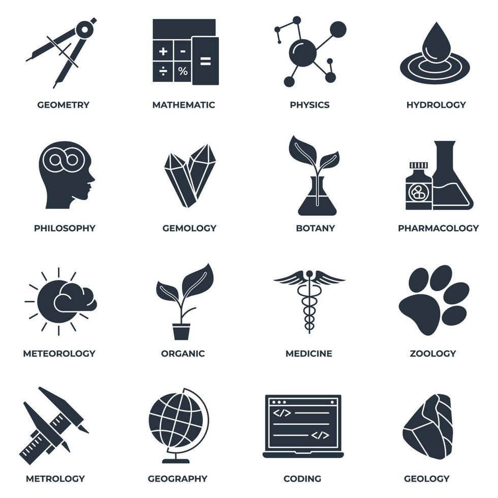 Set of Science icon logo vector illustration. meteorology, medicine, geometry, gemology, botany, zoology, philosophy and more pack symbol template for graphic and web design collection