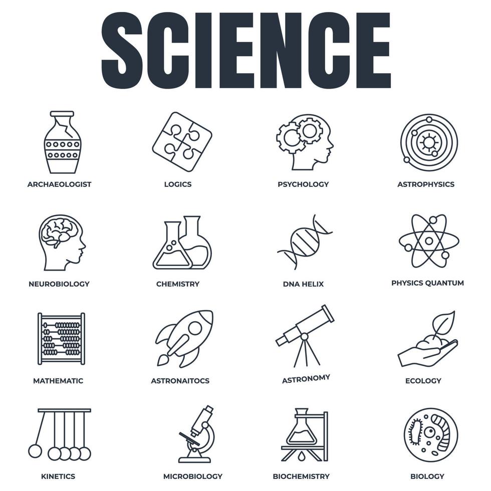 conjunto de ilustración de vector de logotipo de icono de ciencia. biología, química, neurobiología, física, microbiología, lógica, astronomía y más plantilla de símbolo de paquete para la colección de diseño gráfico y web