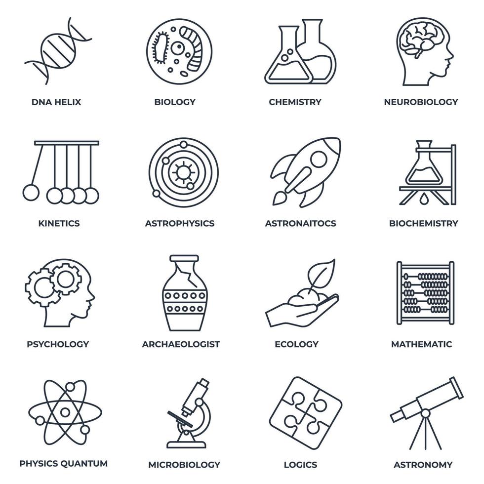 Set of Science icon logo vector illustration. biology, chemistry, Neurobiology, physics, microbiology, logics, astronomy and more pack symbol template for graphic and web design collection