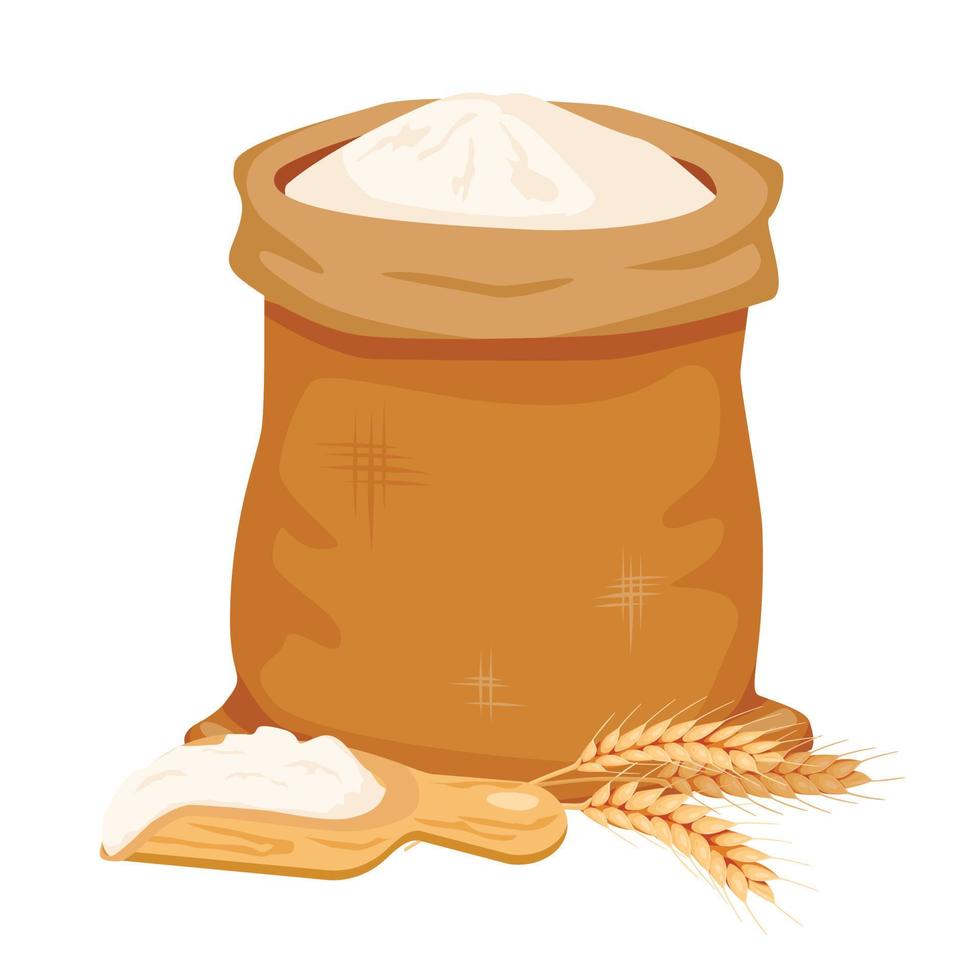 bolsa llena de harina, pala y espigas de trigo. ilustración vectorial vector