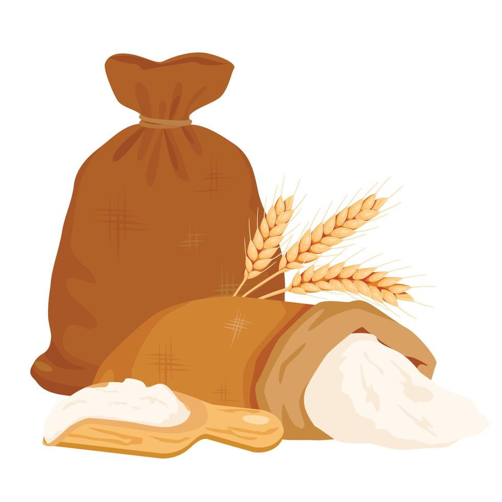 Full bags of flour with wheat ears and shovel. Vector illustration isolated on white background.