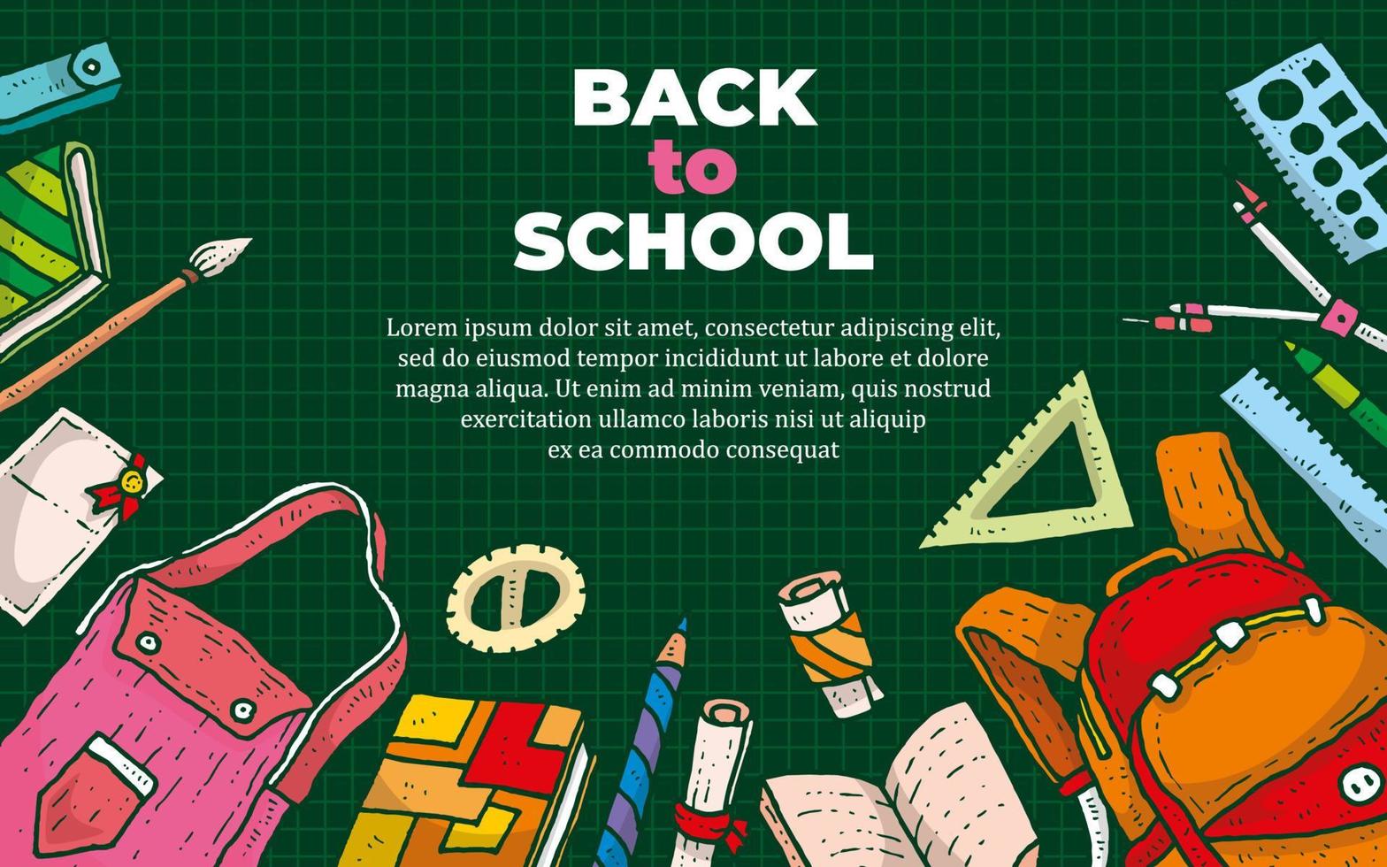 Back to school banner with stationary cartoon illustration vector