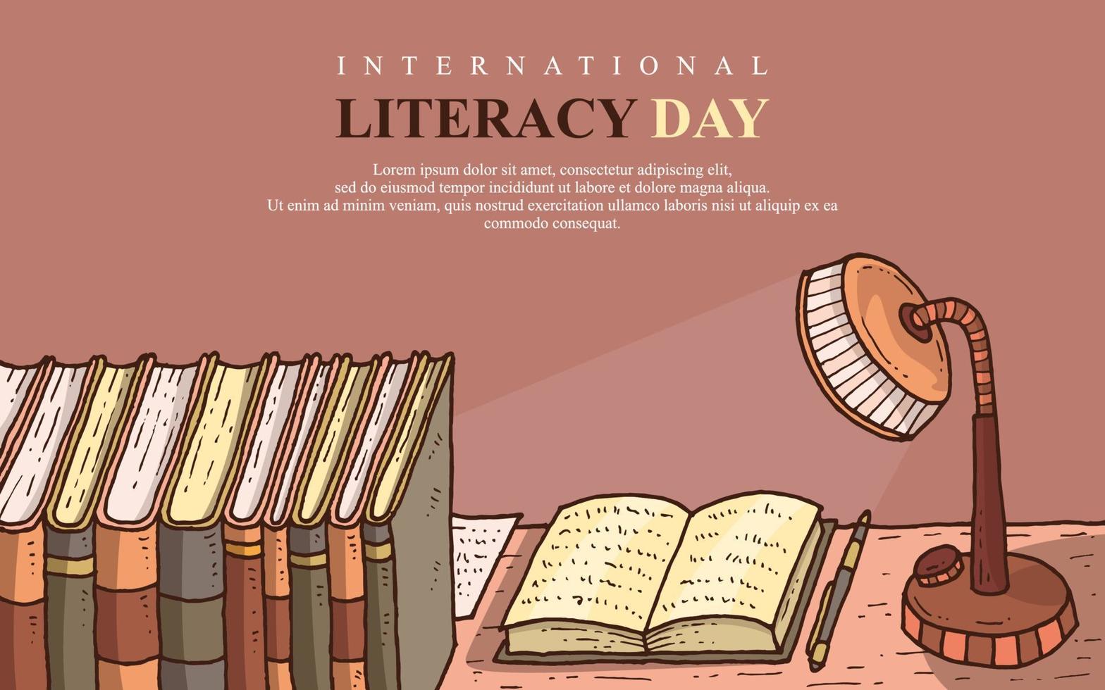 International literacy day banner with the book's and lamp illustration vector