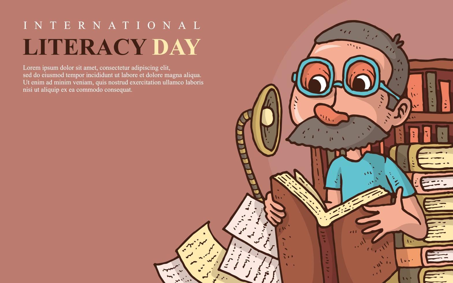 International literacy day banner with old men reading book illustration vector