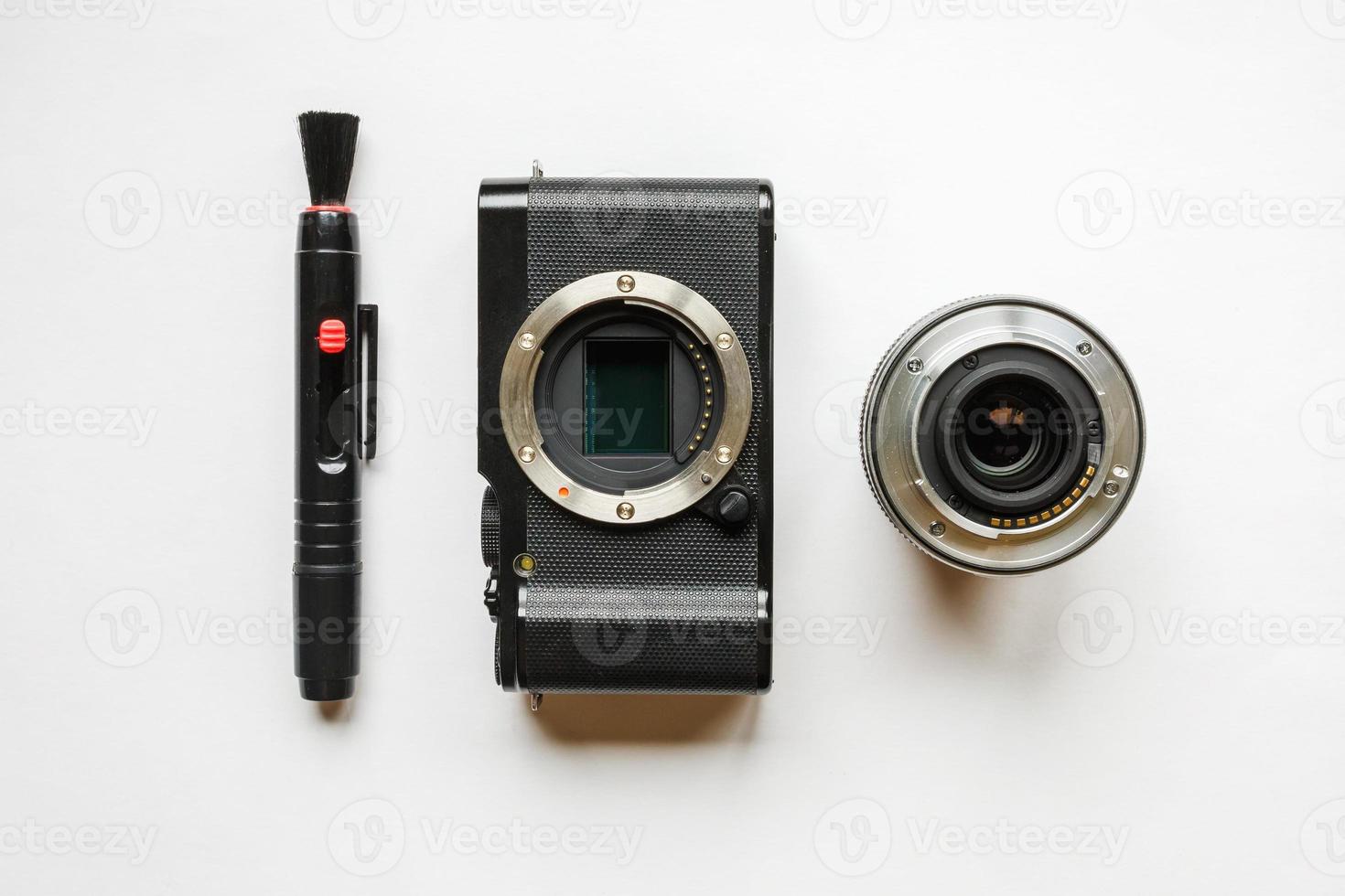 professional tools for digital APS-C dirty camera matrix sensor cleaning on white background photo