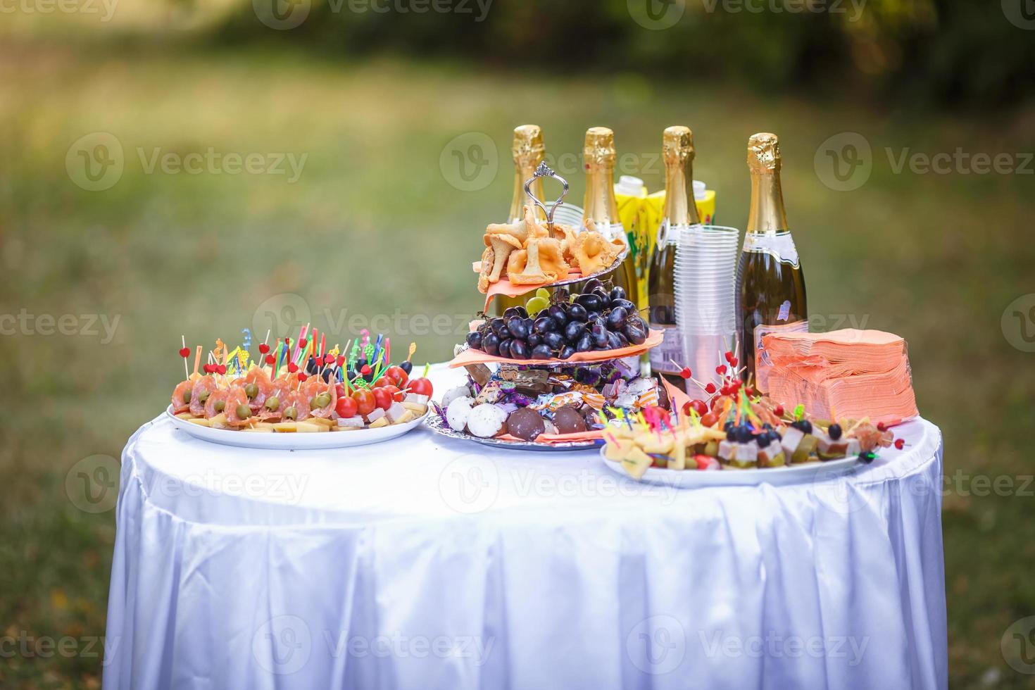 Decorated beautiful table at the celebration in park. Wedding. Birthday. Romantic dinner in garden. Anniversary. Beautiful glassware. Sunlight. photo