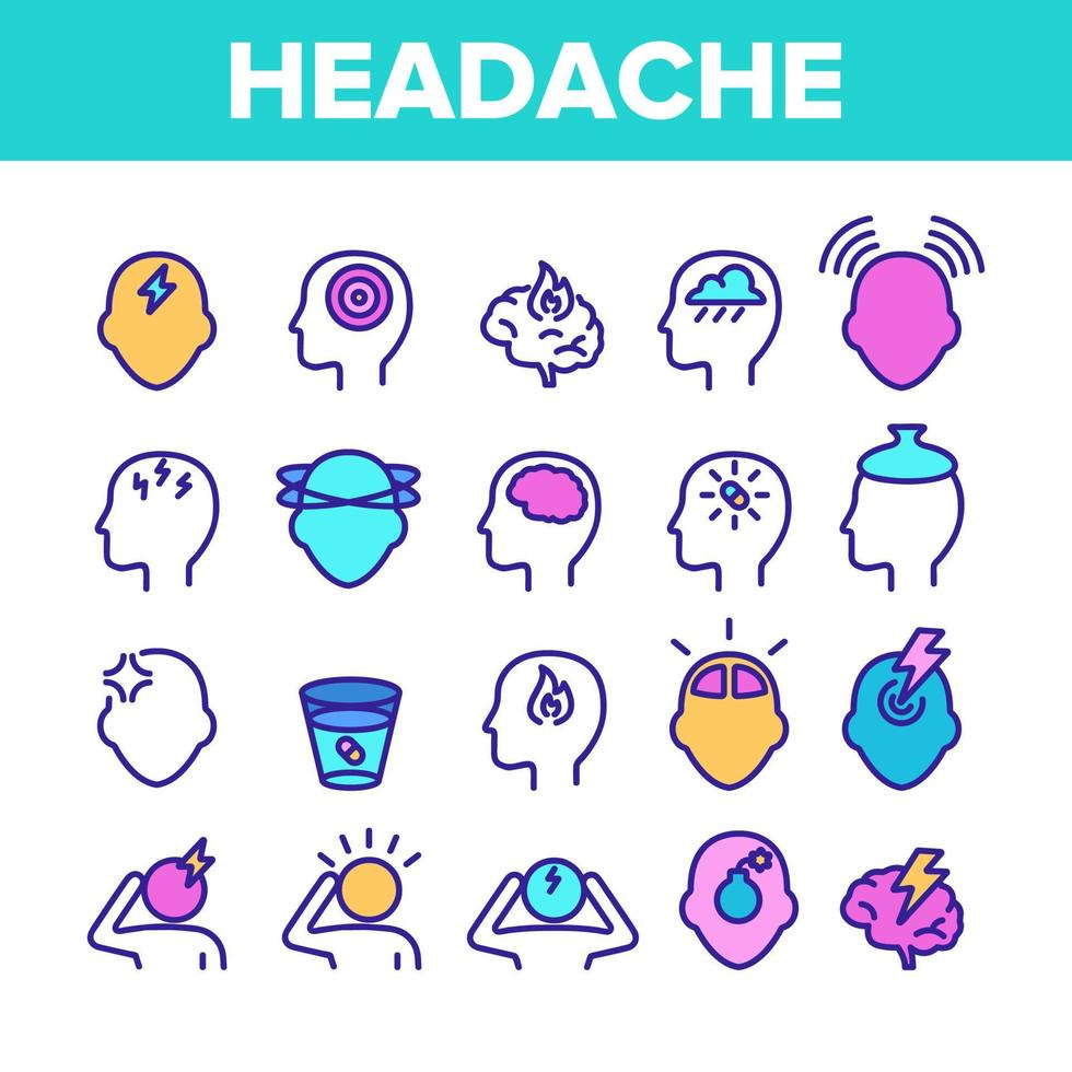 Color Headache Elements Icons Set Vector