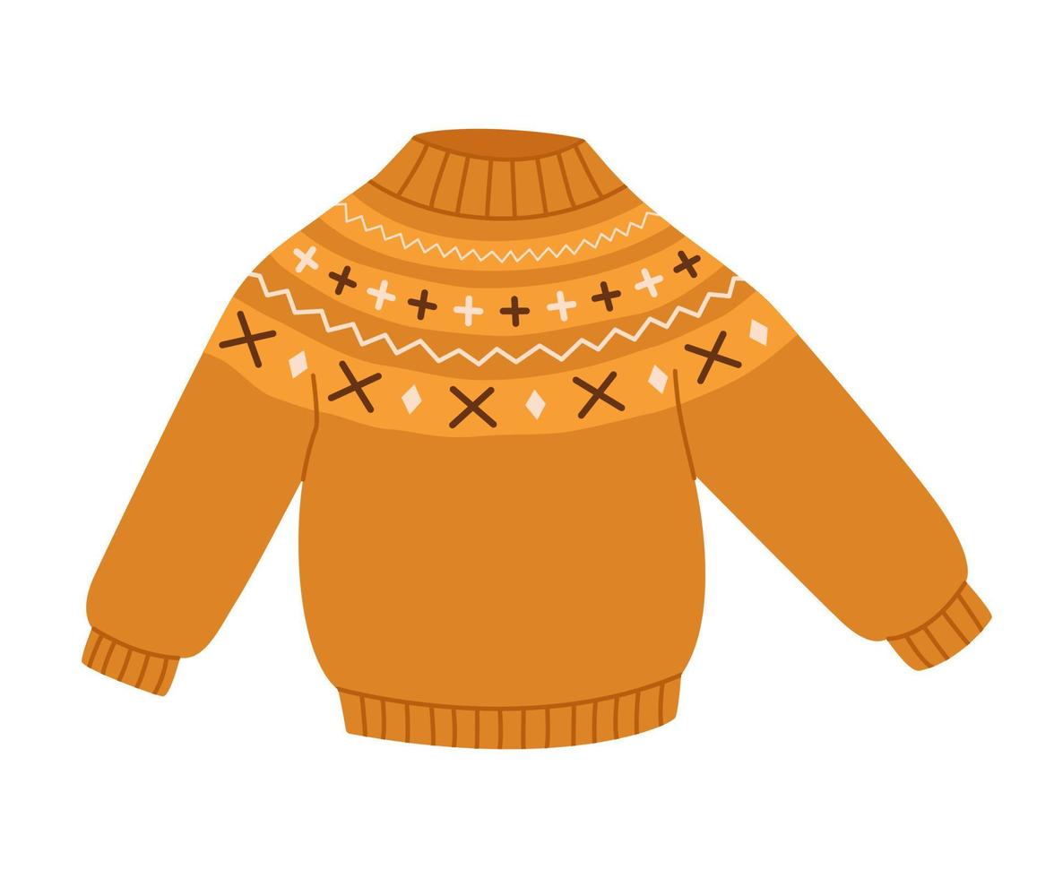 Cozy warm knitted  sweater with ornament. Flat vector illustration isolated on white background.