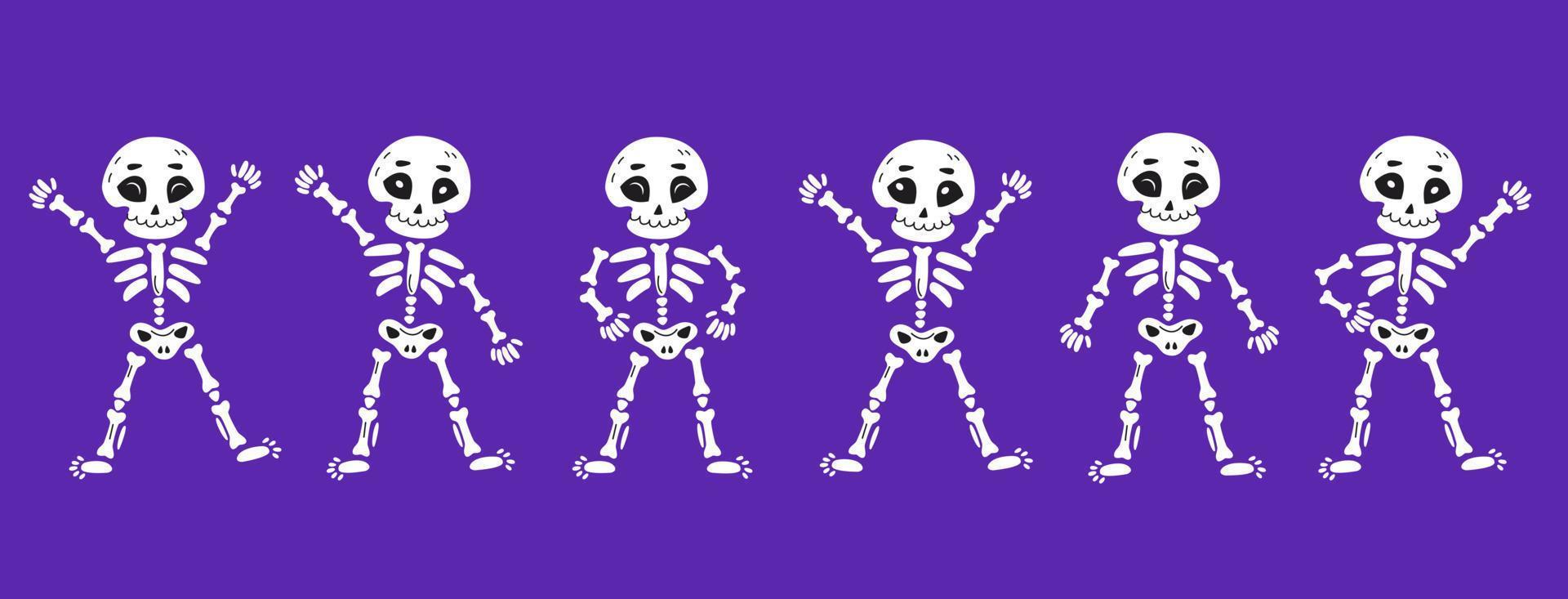 Funny dancing skeletons in cartoon hand-drawn style. Day of Dead, Halloween concept vector illustration.