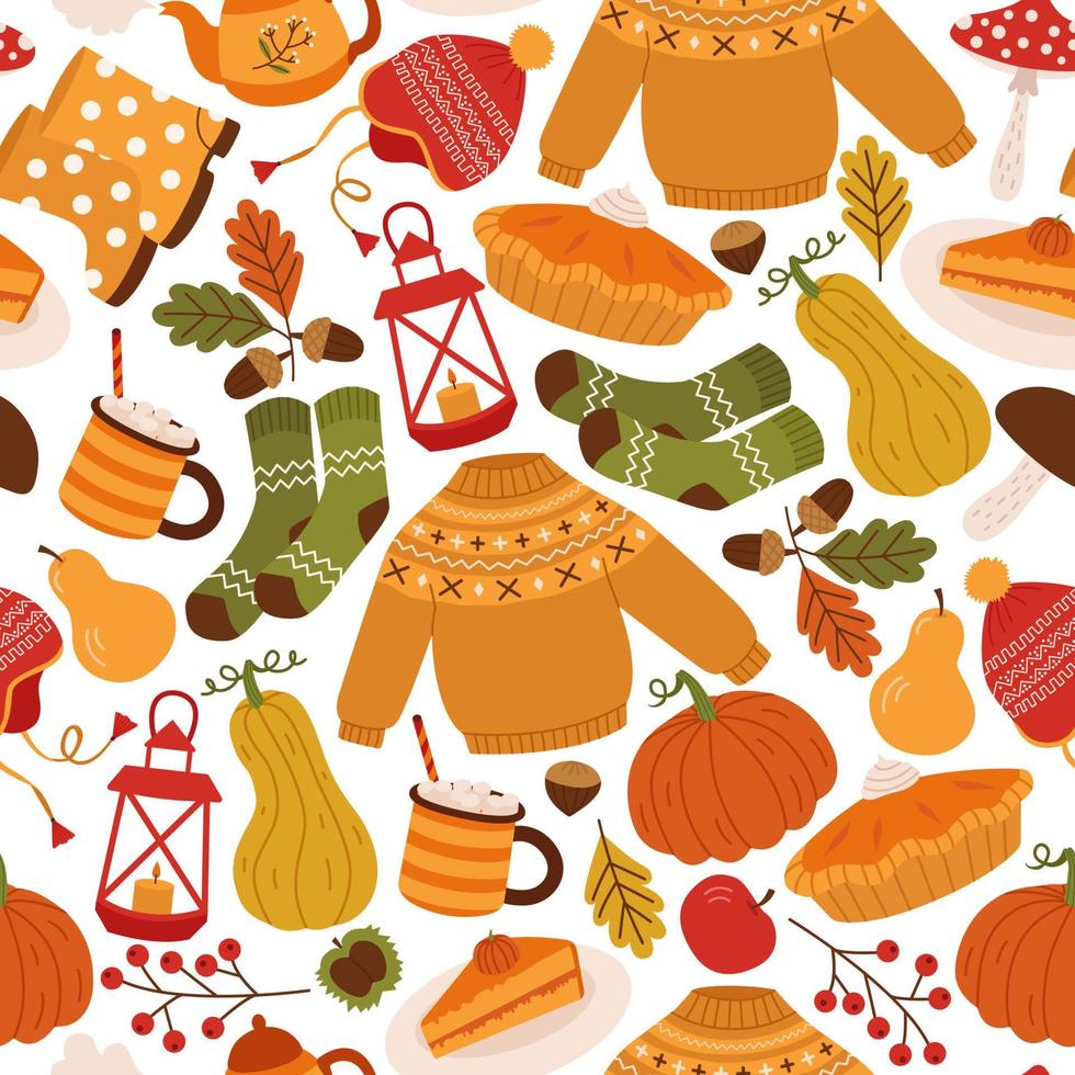 Vector seamless background with cozy elements. Autumn pattern with sweater, socks, pie, cocoa, pumpkins, teapot, leaves and acorns. Bright repeating texture. Wrapping paper.