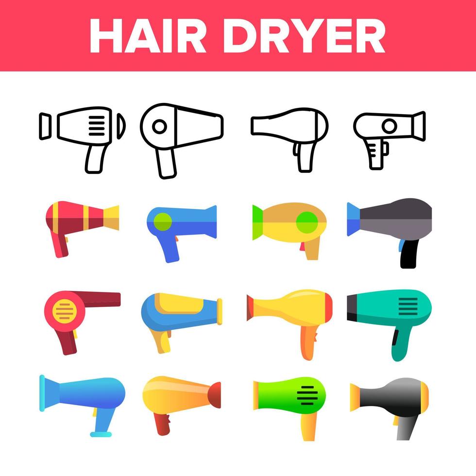 conjunto de iconos de color de vector de aparato de secador de pelo