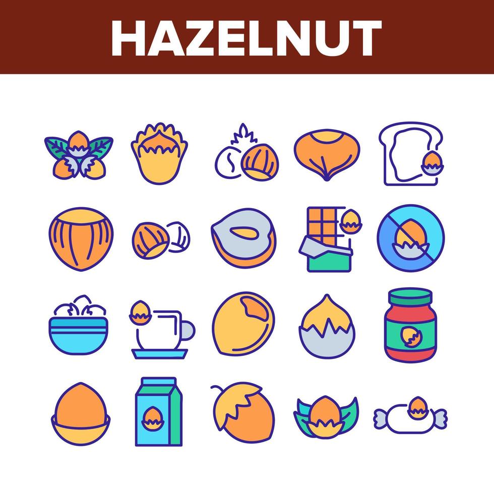 Hazelnut Organic Food Collection Icons Set Vector