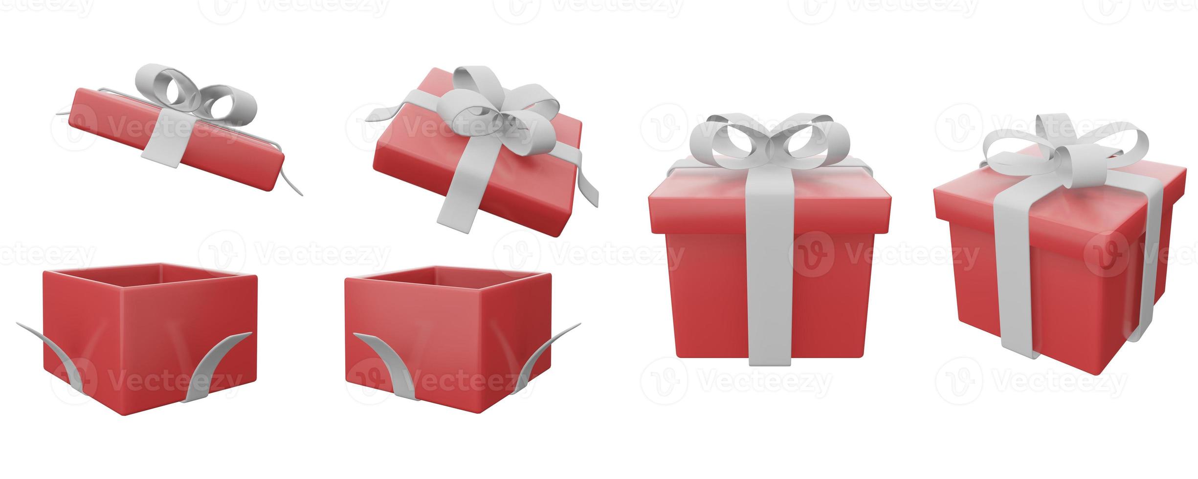 conjunto de caja de regalo roja cinta blanca sobre fondo blanco. ilustración 3d render caja sorpresa. icono de vector realista para banners de boda, presentación de cumpleaños o celebración foto