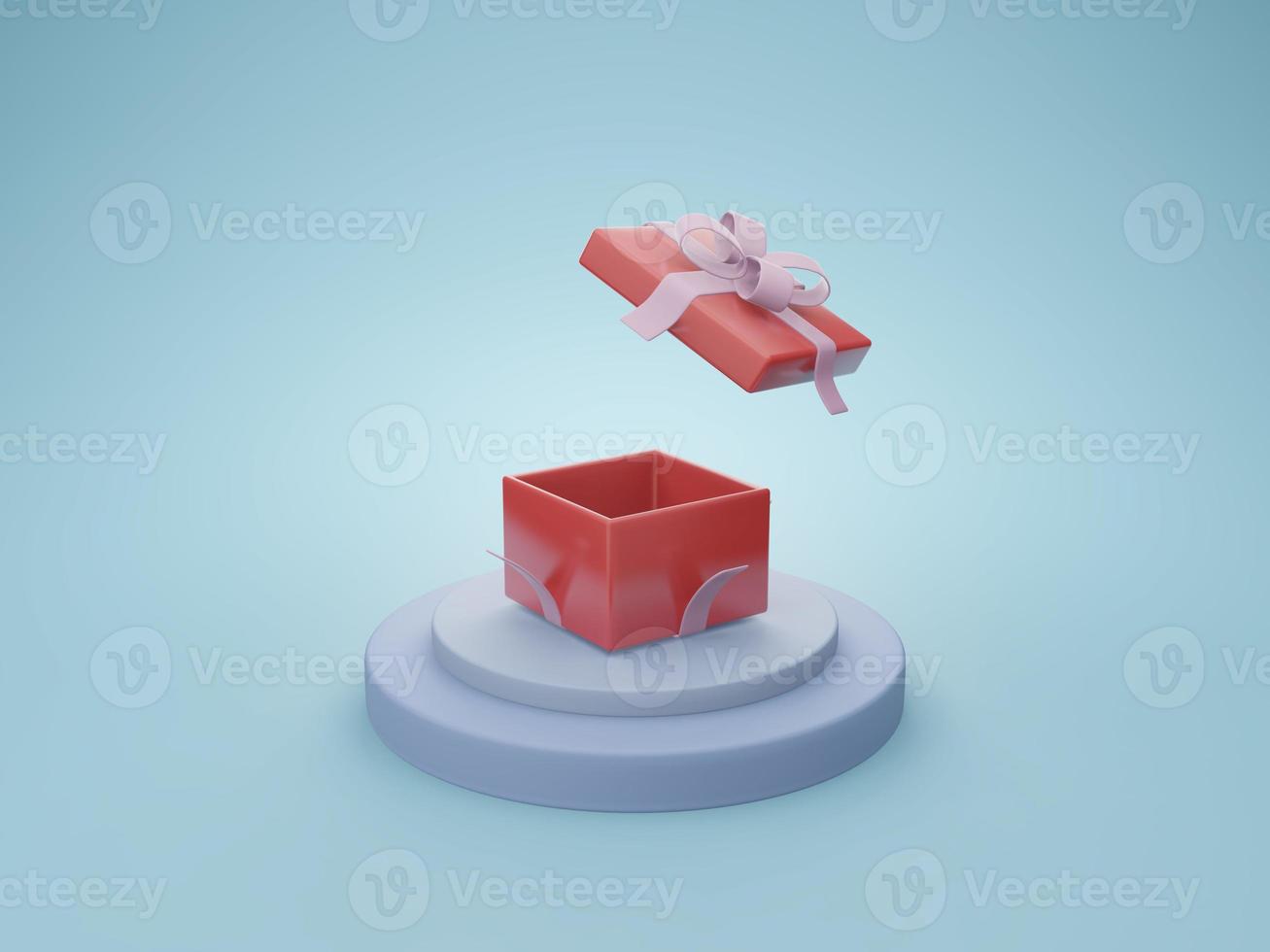 caja de regalo roja abierta con cintas rosas en un soporte circular aislado. ilustración 3d render caja sorpresa abierta. icono de vector realista para presentación de cumpleaños o banners de boda foto