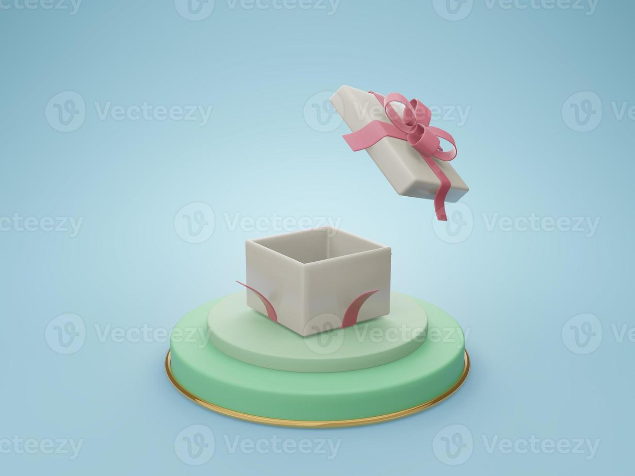 caja de regalo blanca con cintas rosas abiertas en un círculo verde aislado. ilustración 3d render caja sorpresa abierta. icono de vector realista para presentación de cumpleaños o banners de boda foto