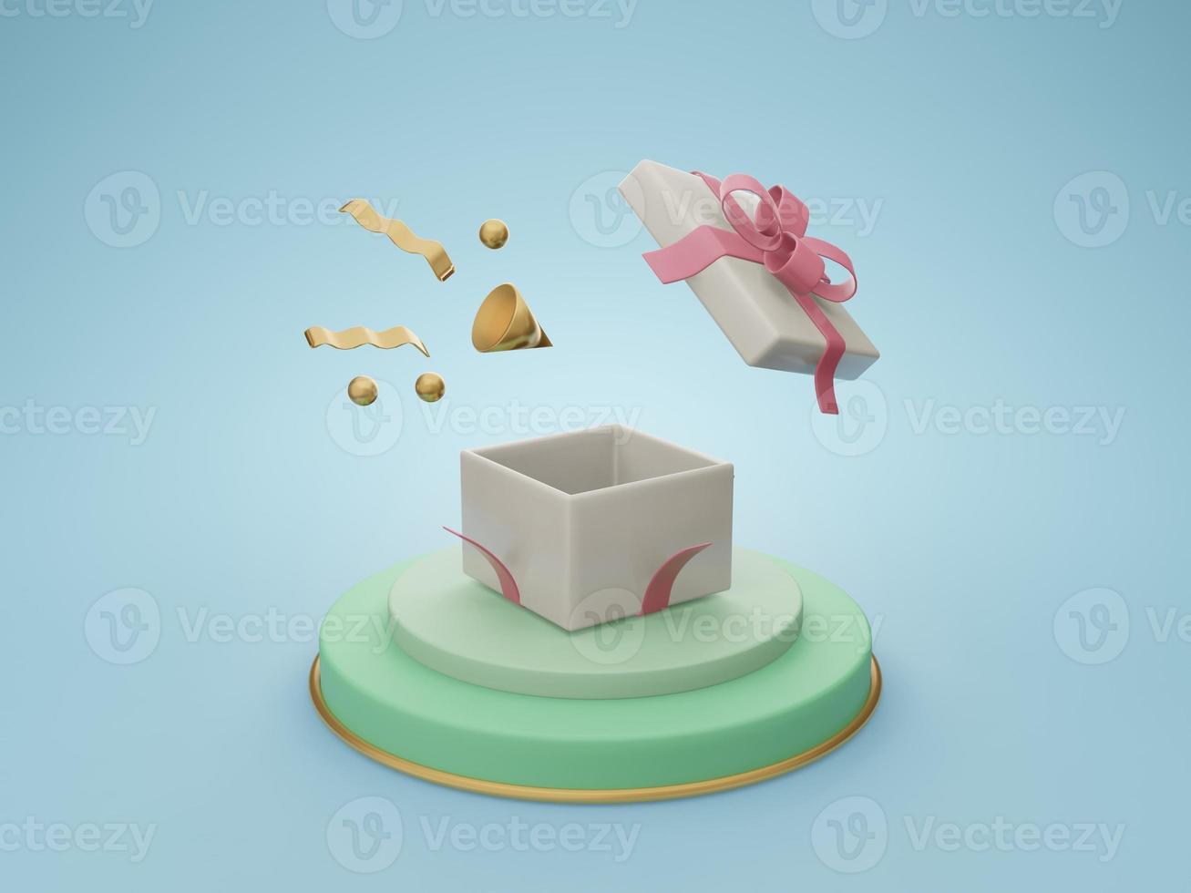 White gift box opened with red ribbons and golden bell on green circle stand isolated. 3d illustration render open surprise box. Realistic vector icon for birthday presentation or wedding banners photo