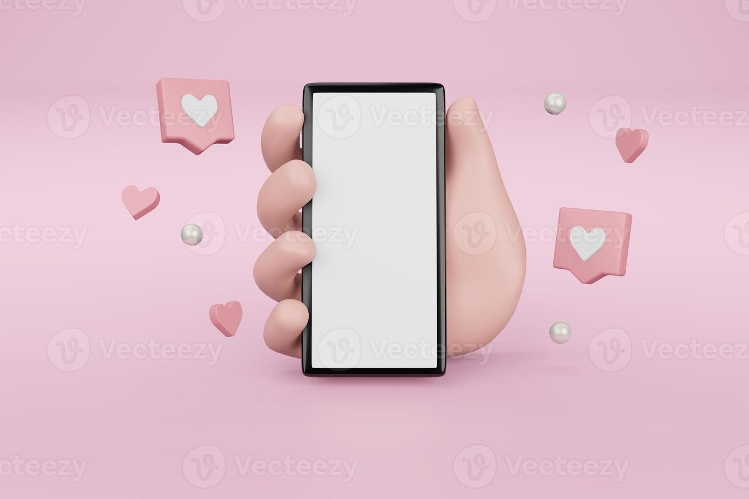 Maqueta de pantalla blanca de teléfono inteligente 3d con caja de regalo y corazón, teléfono móvil de mano con ilustración de renderizado 3d de fondo rosa foto