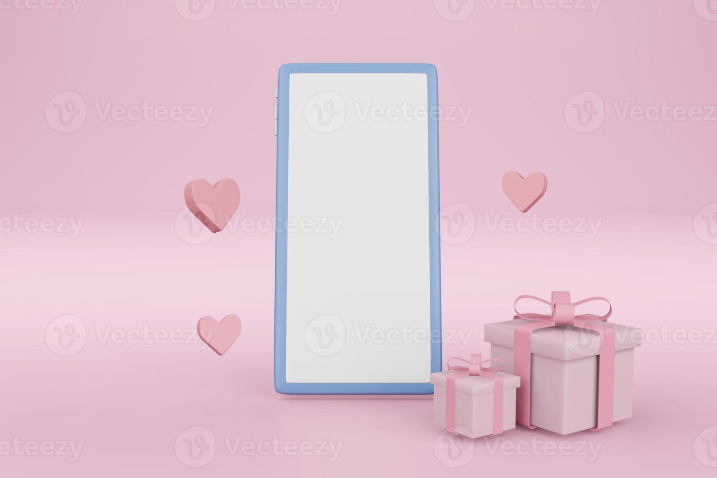 Maqueta de pantalla blanca de teléfono inteligente 3d con caja de regalo y corazón, ilustración de renderizado 3d de teléfono móvil2 foto