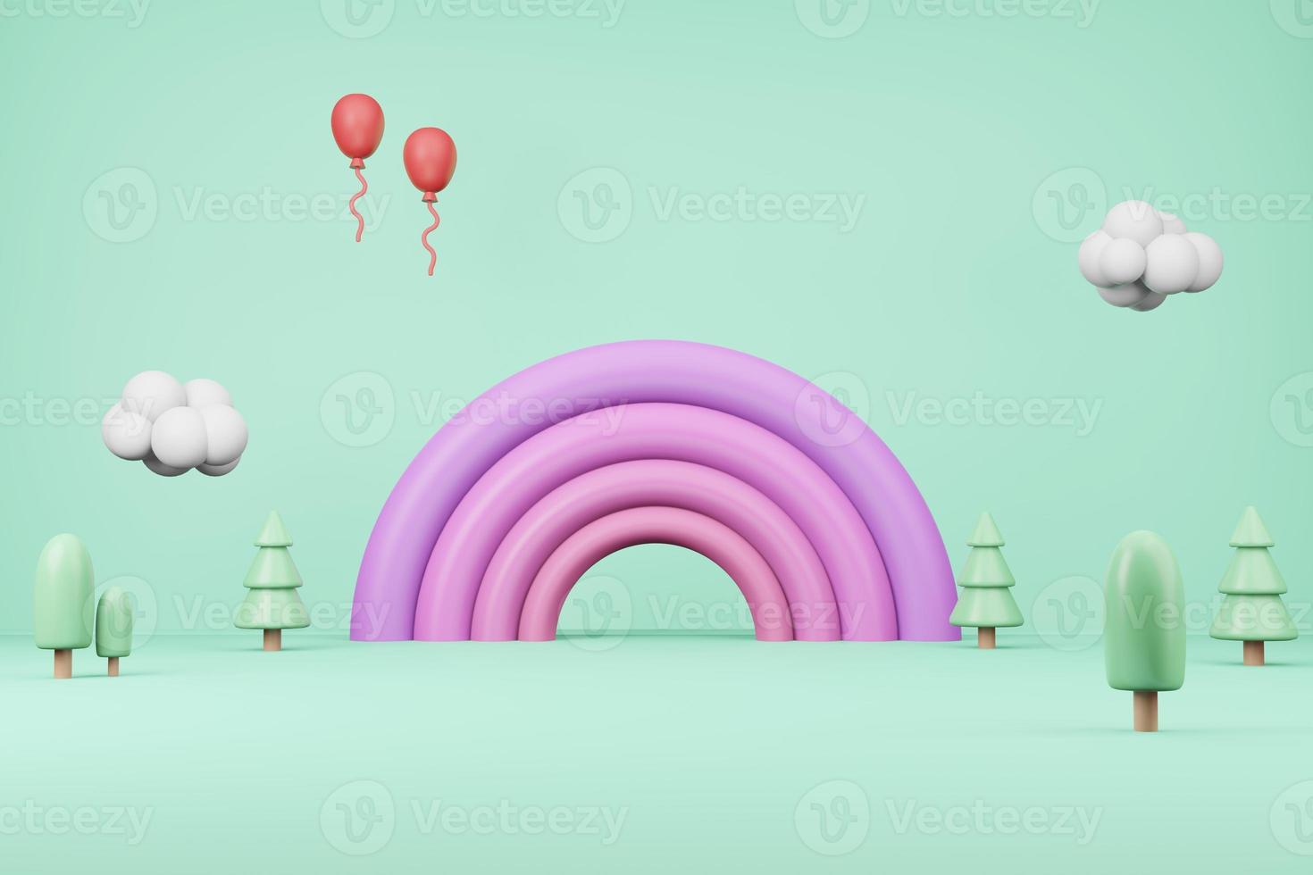 representación de ilustración 3d de fondo lindo de dibujos animados, nube de arco iris rosa y globo en color pastel de campo de hierba foto