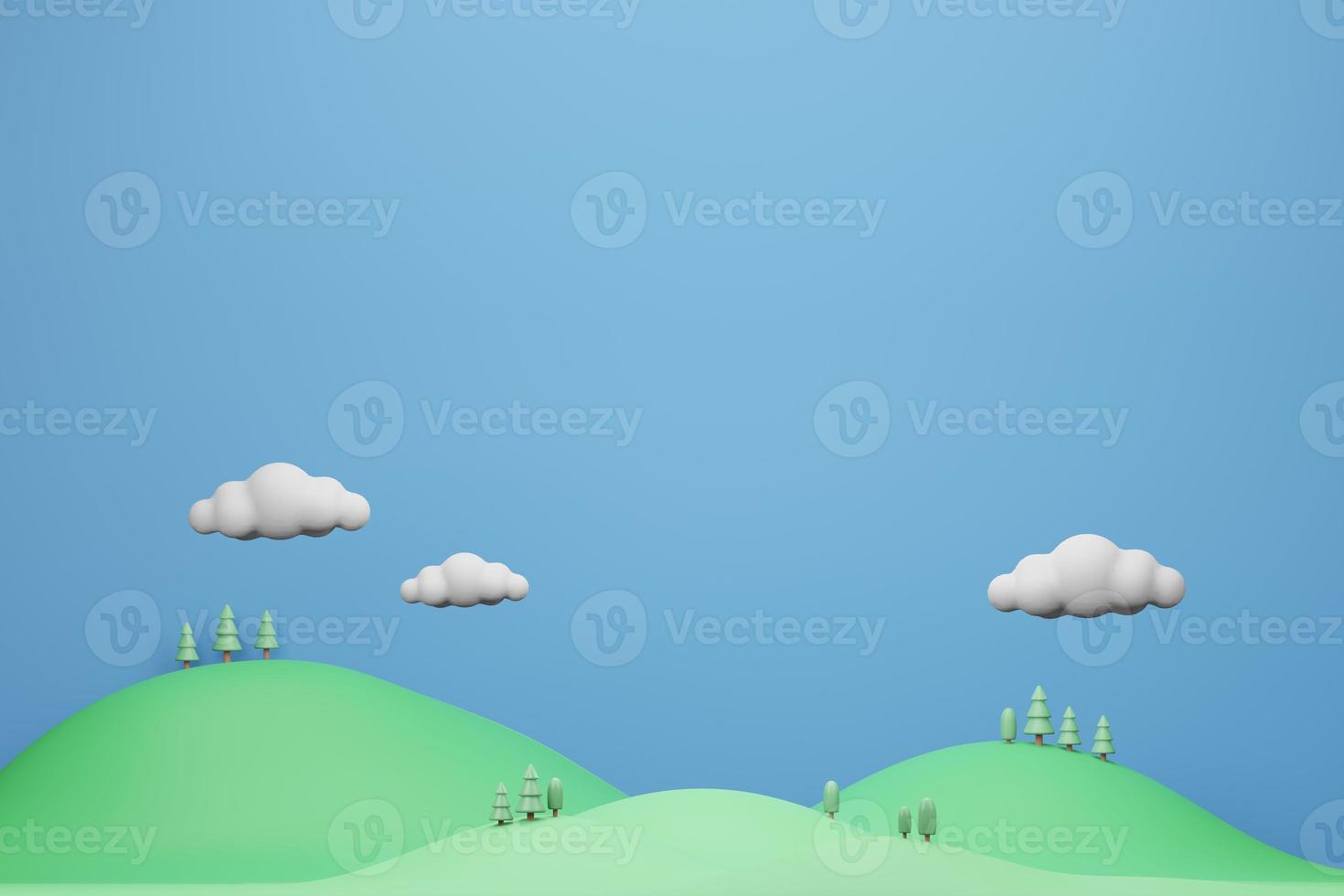 Cartoon Cute Background 3D illustration Rendering, Orthographic Mountain Cloud and tree in pastel color photo