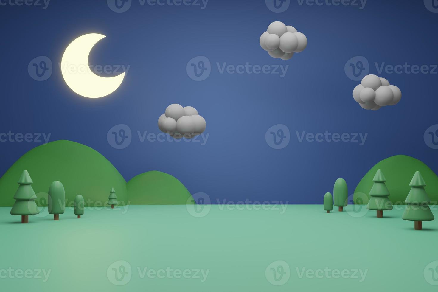 Cartoon Cute crescent moon night Background 3D illustration Rendering, Tree Mountain clouds and river photo