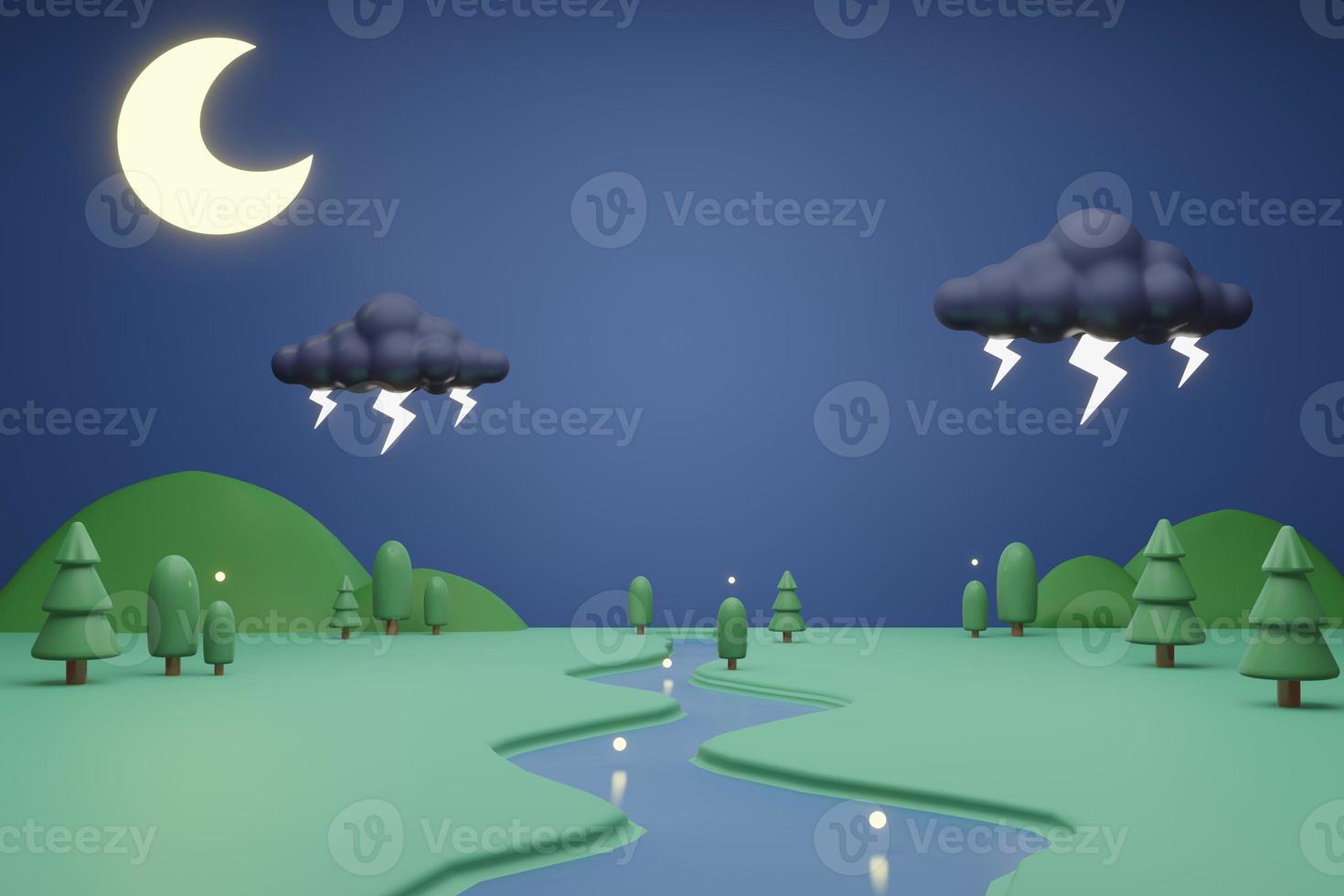 dibujos animados lindo luna creciente noche fondo 3d ilustración renderizado, árbol montaña nubes tormentosas y río foto