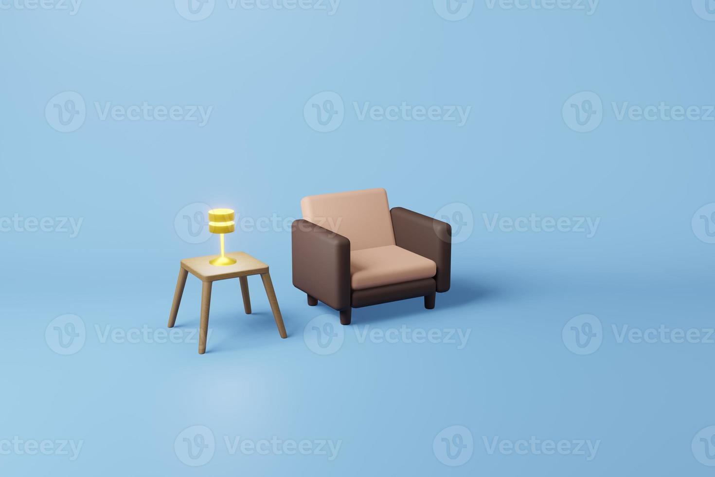 Brown sofa with gold lamp on wooden table 3D illustration, Empty luxury sofa on blue background photo