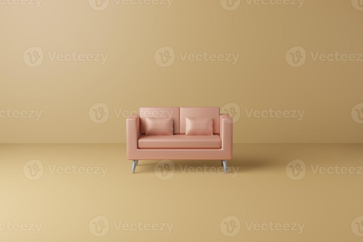 Rose gold Sofa 3D illustration, Empty 2 seats luxury sofa in yellow room background photo