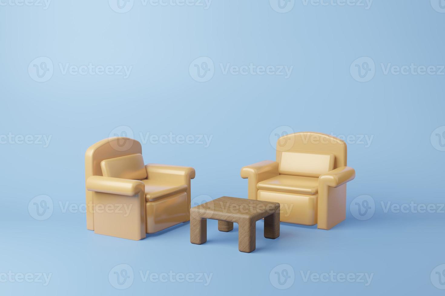 Set of Yellow sofa and wooden table 3D illustration, Empty seat luxury sofa on blue background photo