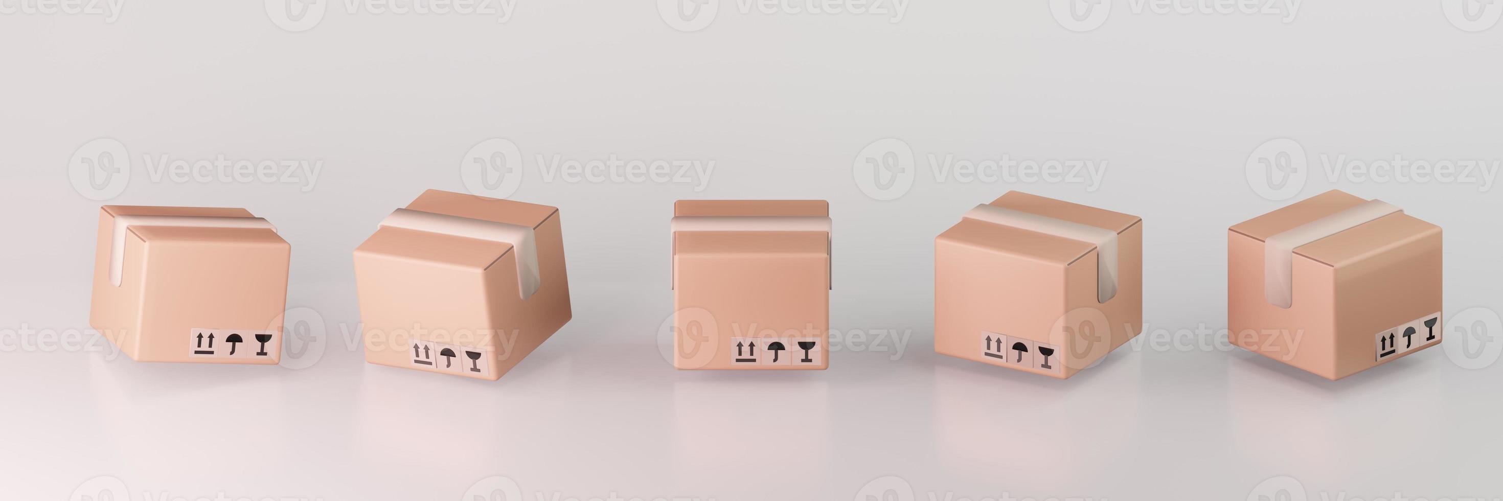 Set of cardboard boxes 3D illustration delivery packing  and transportation shiping logistics storage on gray background photo