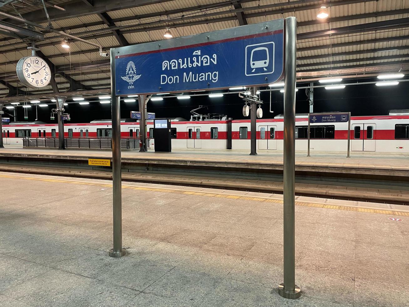 Bangkok, ThailandJuly 17, 2022 Red line train commuter sign at Don Muang airport station