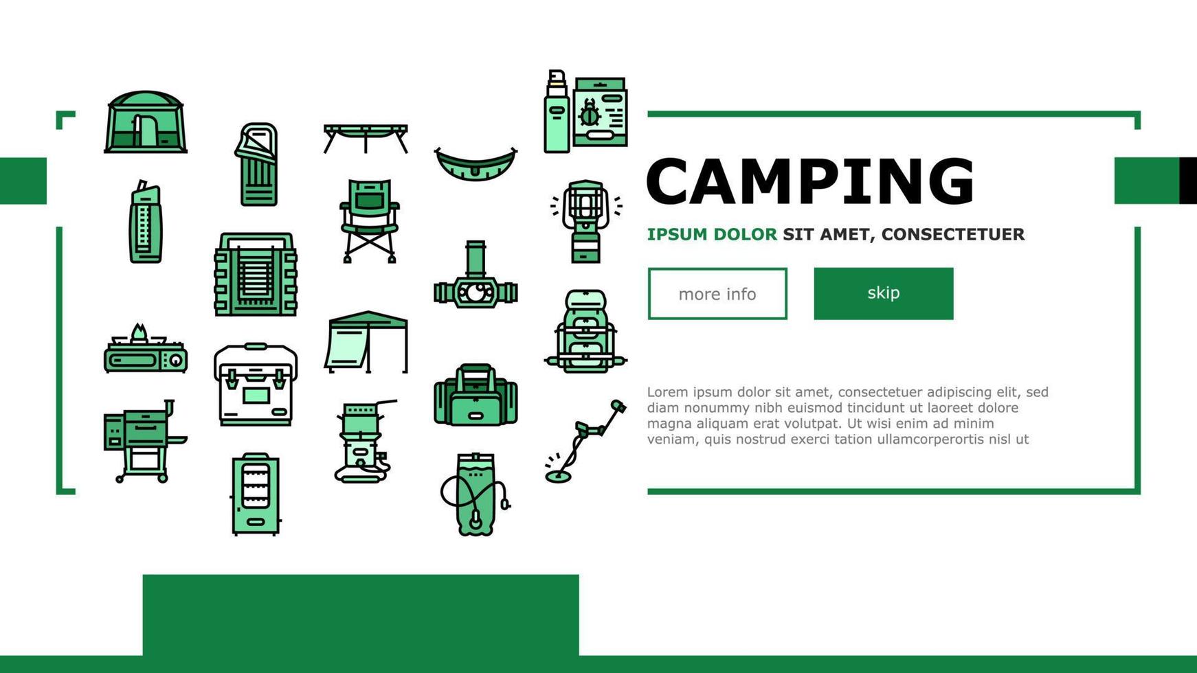 vector de encabezado de aterrizaje de equipo y accesorios de camping