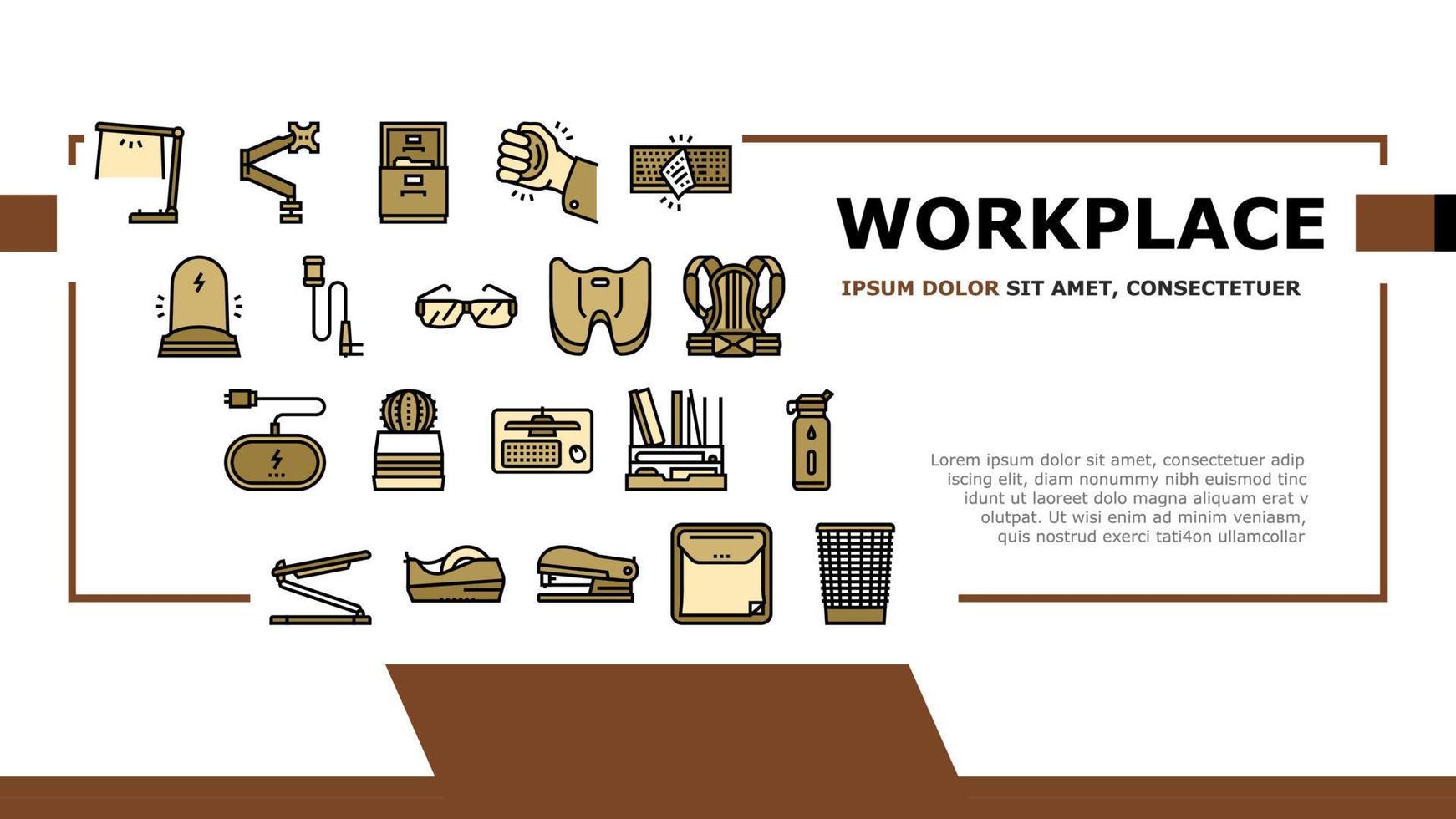 vector de encabezado de aterrizaje de accesorios y herramientas de lugar de trabajo